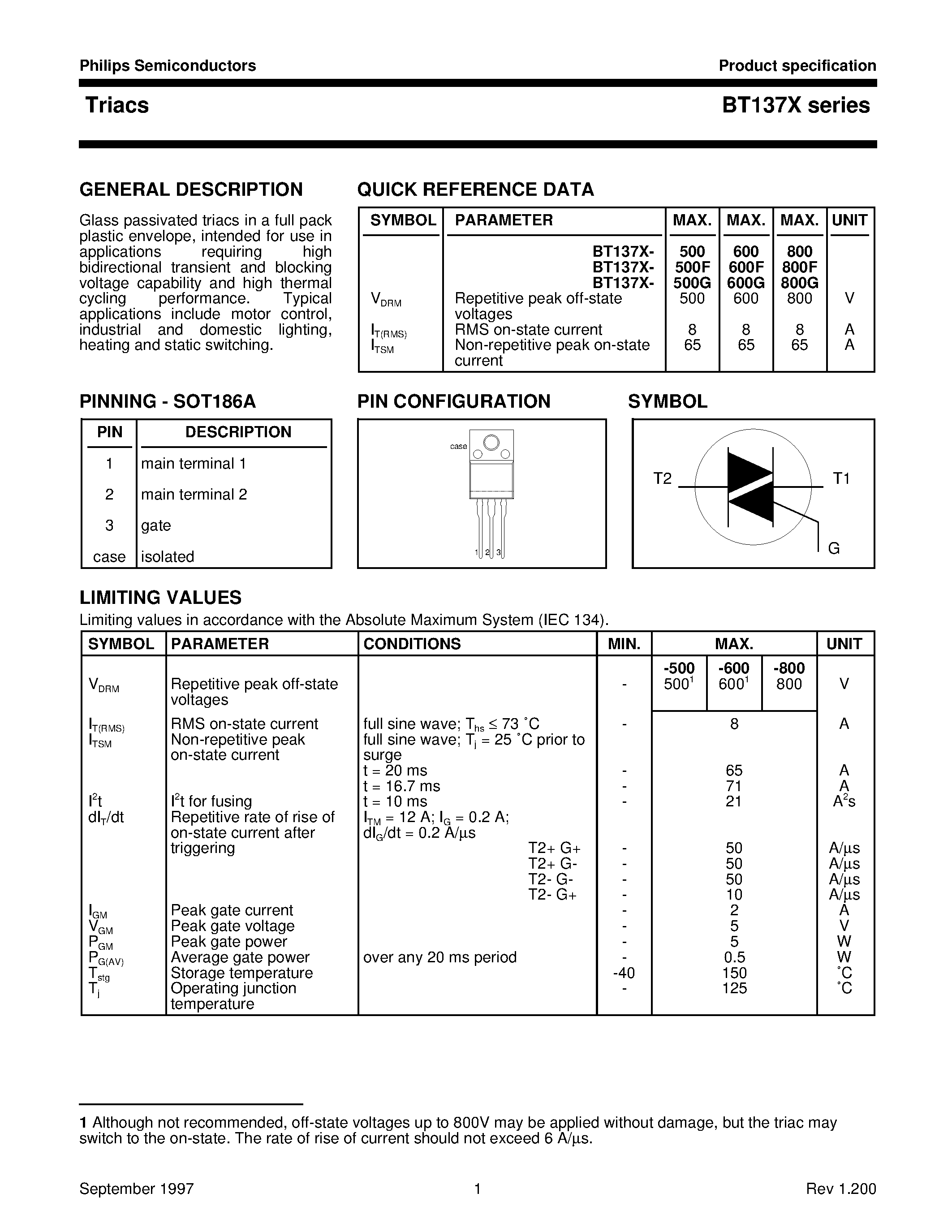 Datasheet BT137X-600 - Triacs page 1