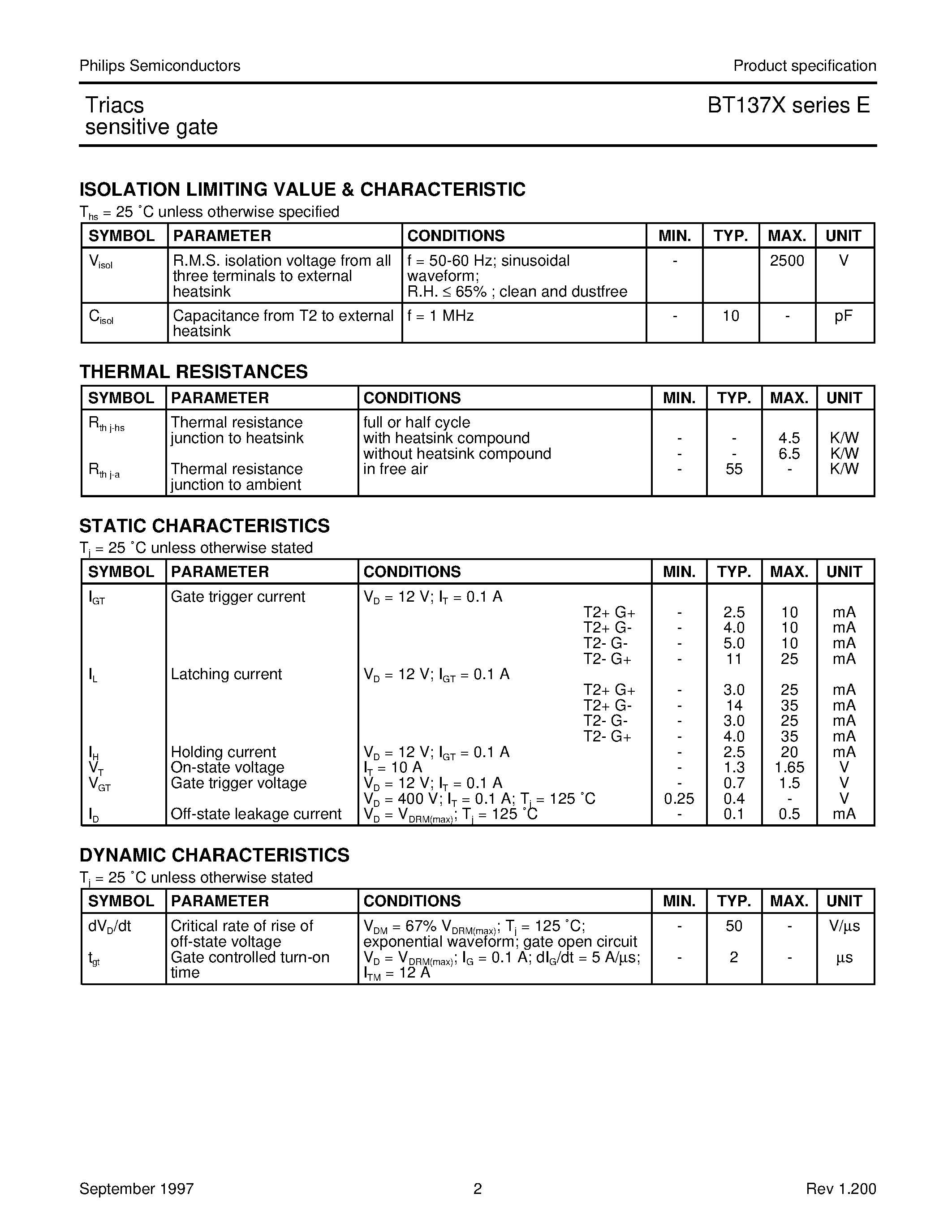 Datasheet BT137X-800E - Triacs sensitive gate page 2