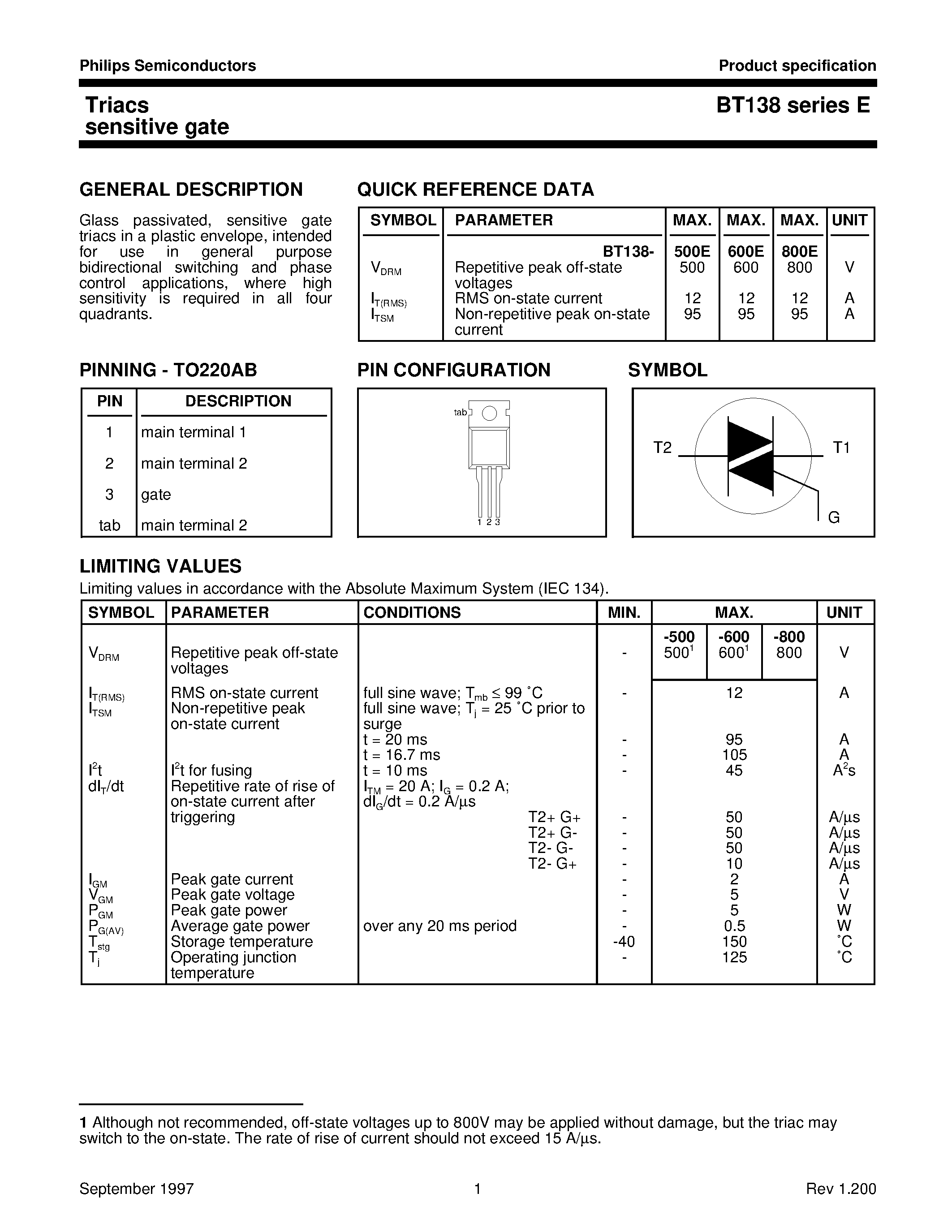 Datasheet BT138-600E - Triacs sensitive gate page 1