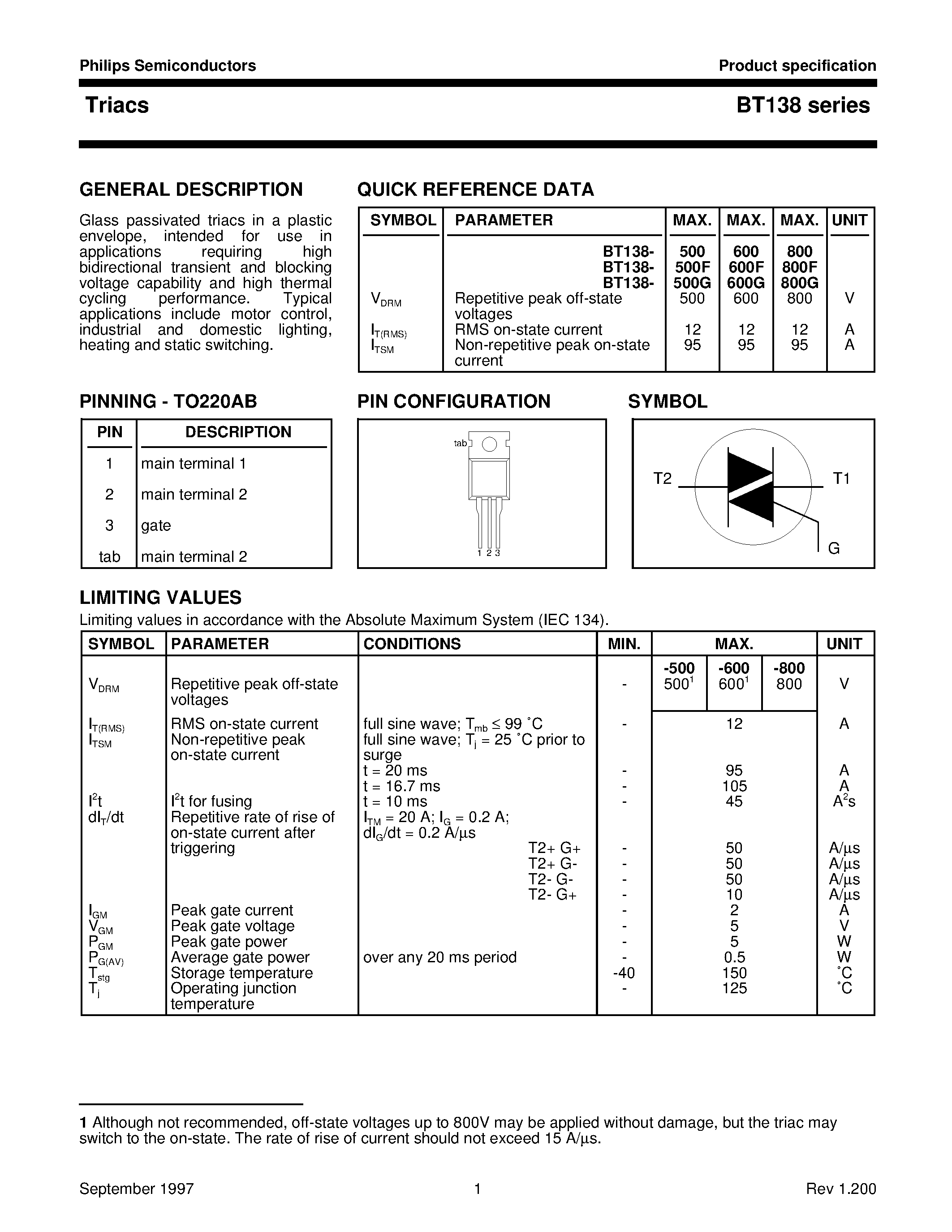 Datasheet BT138-600G - Triacs page 1