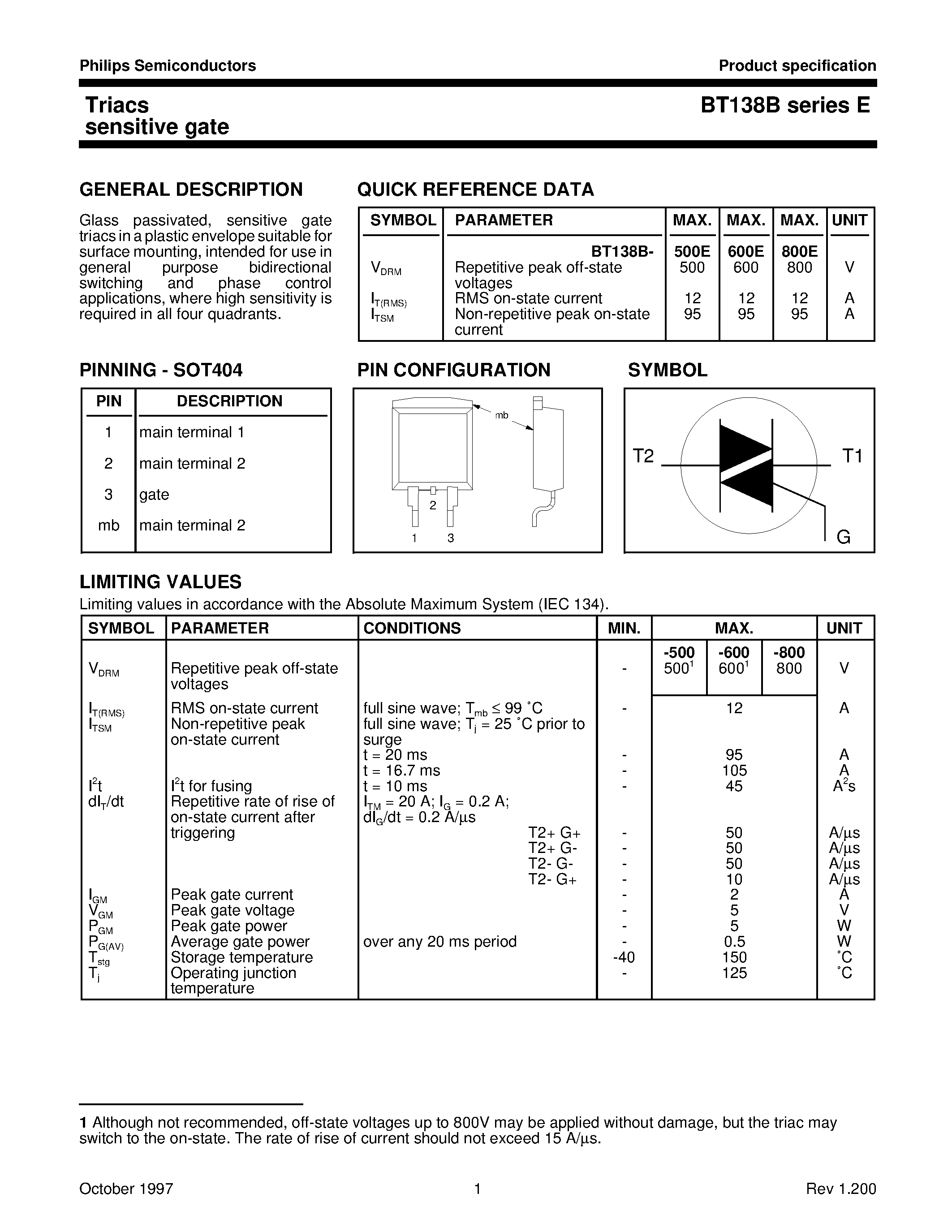 Datasheet BT138B-600E - Triacs sensitive gate page 1