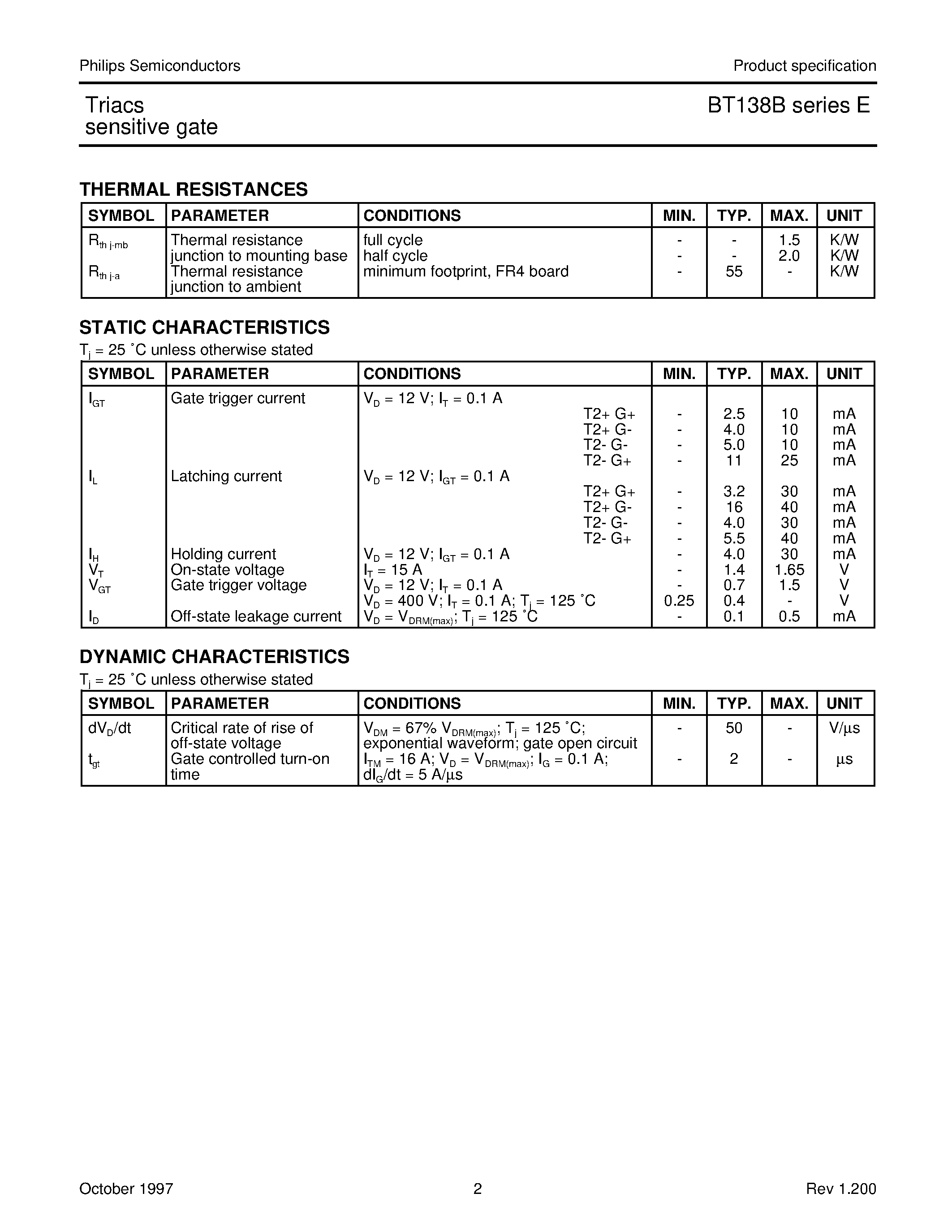 Datasheet BT138B-600E - Triacs sensitive gate page 2