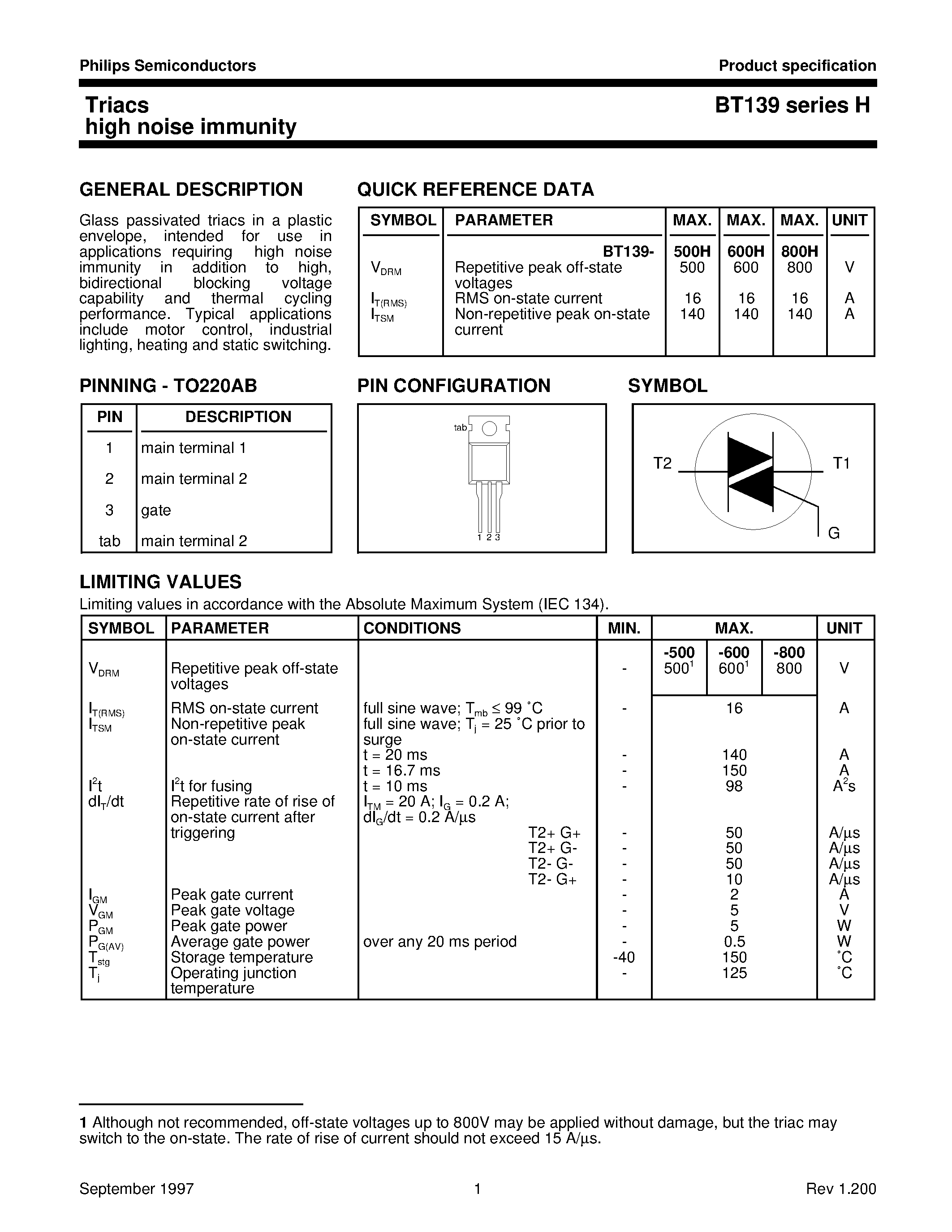 Datasheet BT139-500H - Triacs high noise immunity page 1