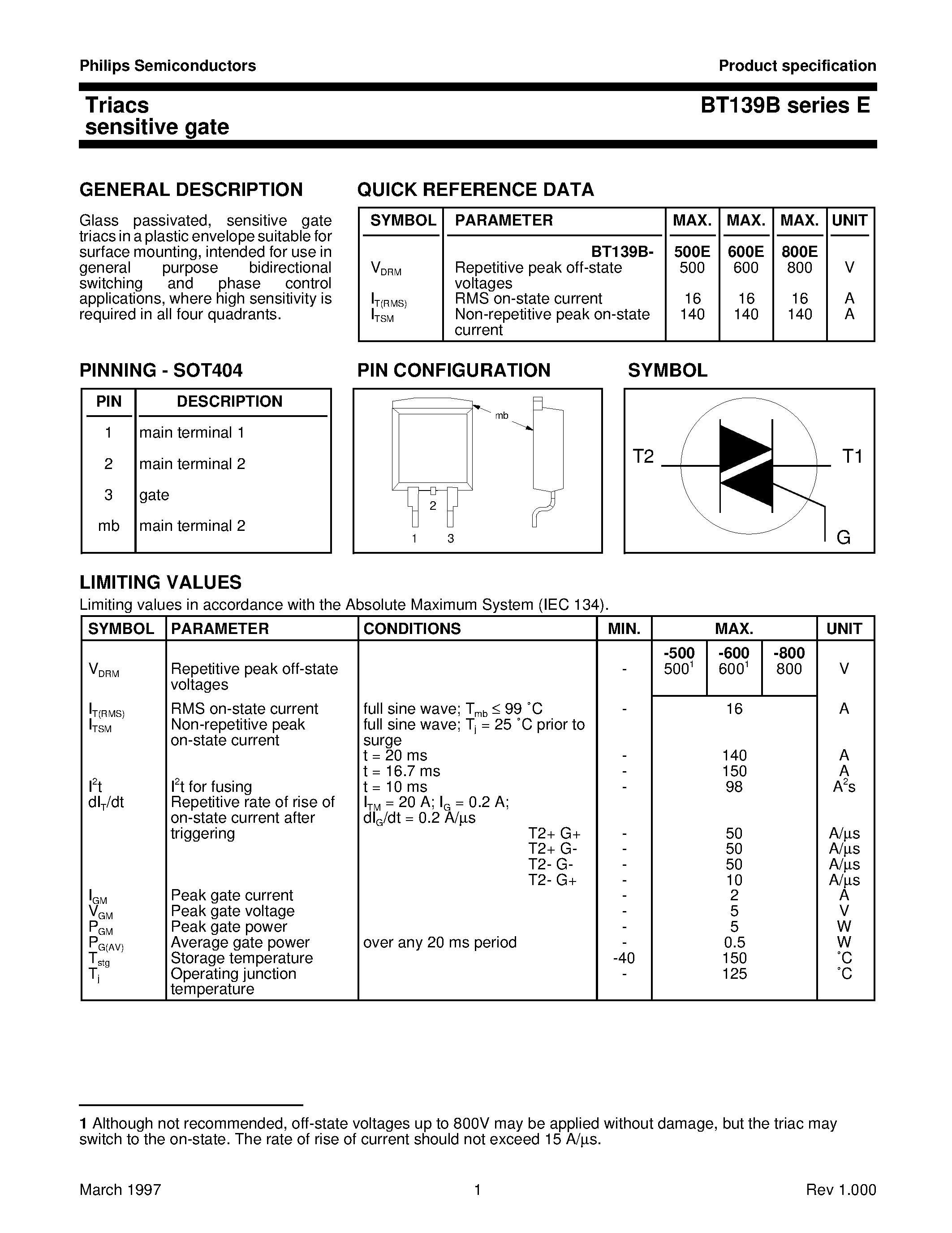 Datasheet BT139B-600E - Triacs sensitive gate page 1