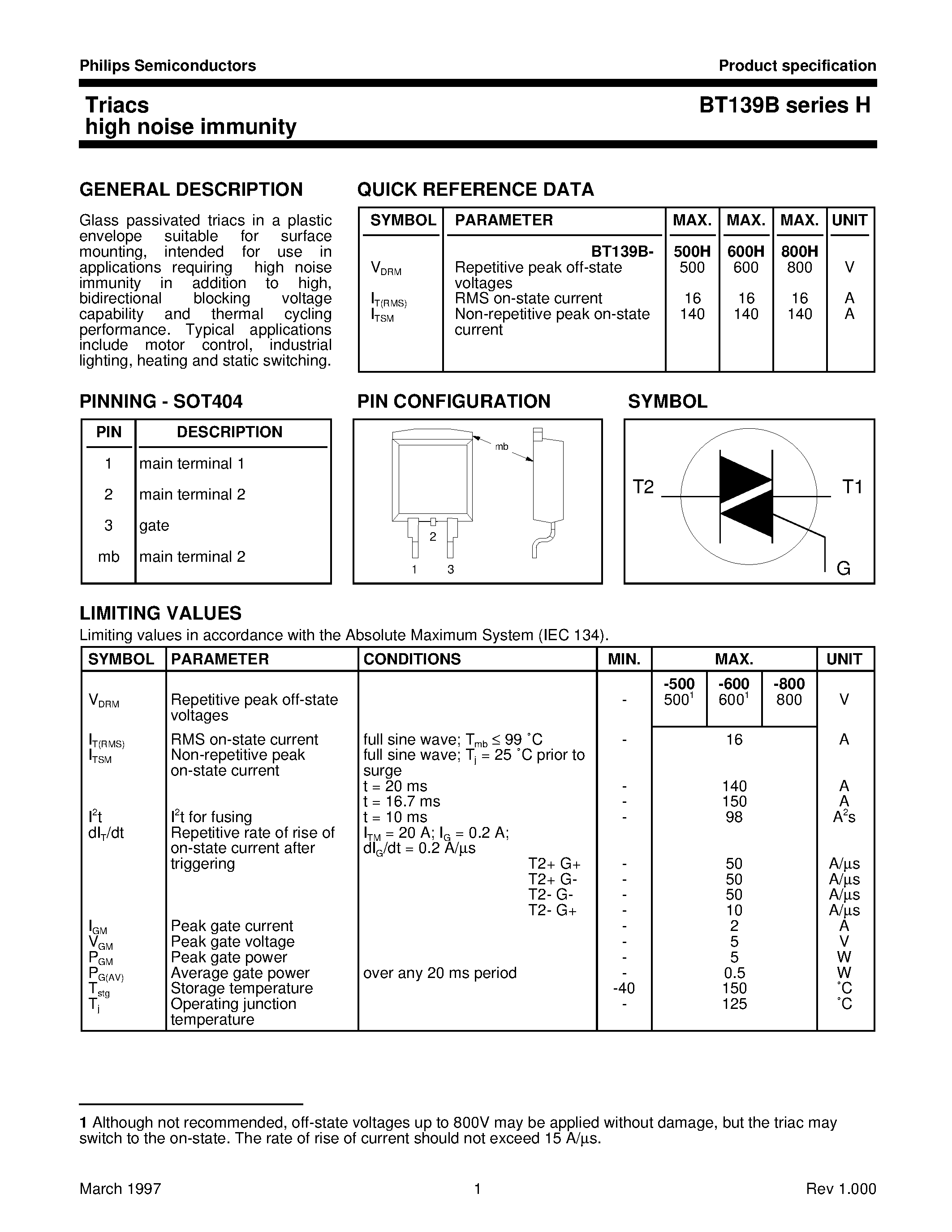 Datasheet BT139B-800H - Triacs high noise immunity page 1