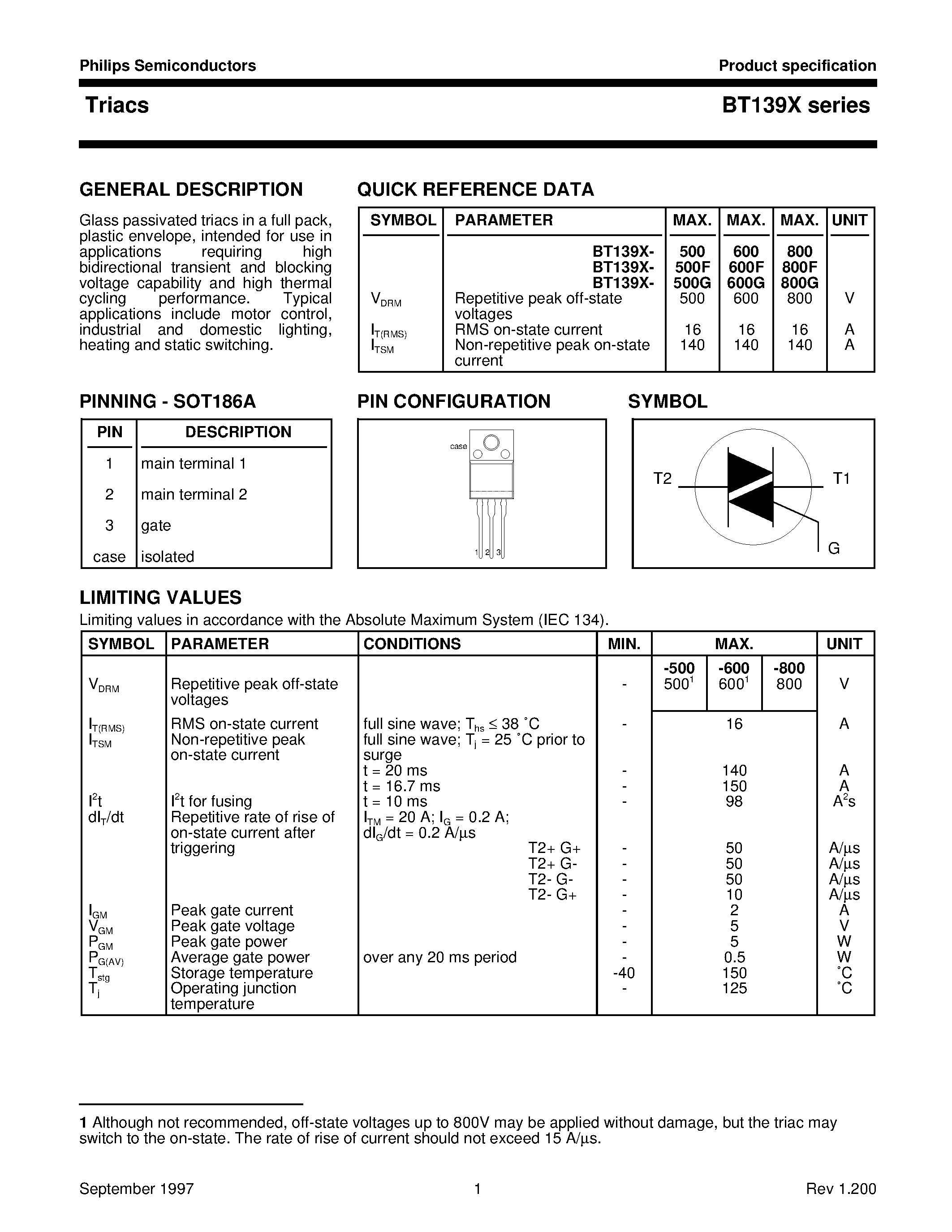 Datasheet BT139X-500G - Triacs page 1