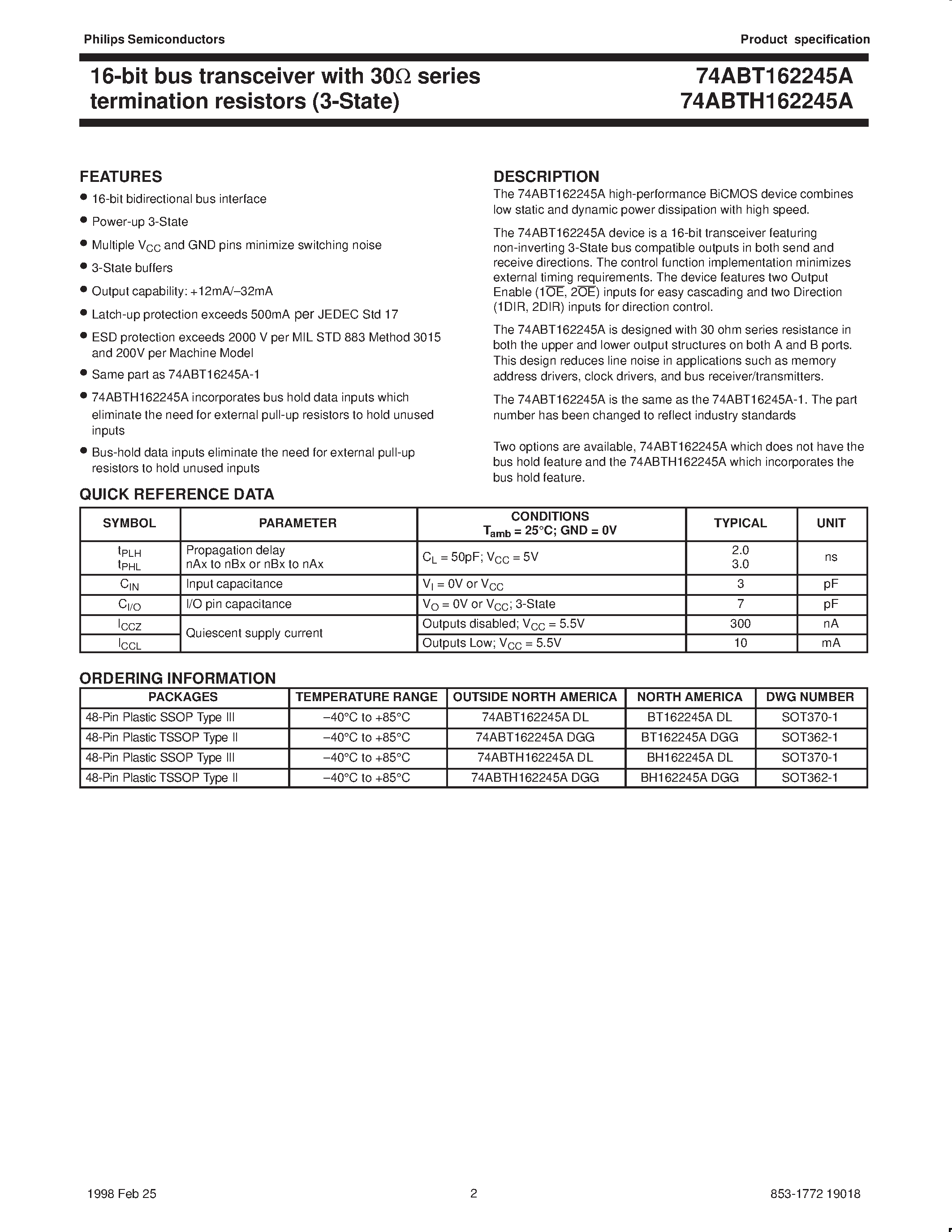 Datasheet BT162245ADL - 16-Bit bus transceiver with 30ohm series termination resistors 3-State page 2