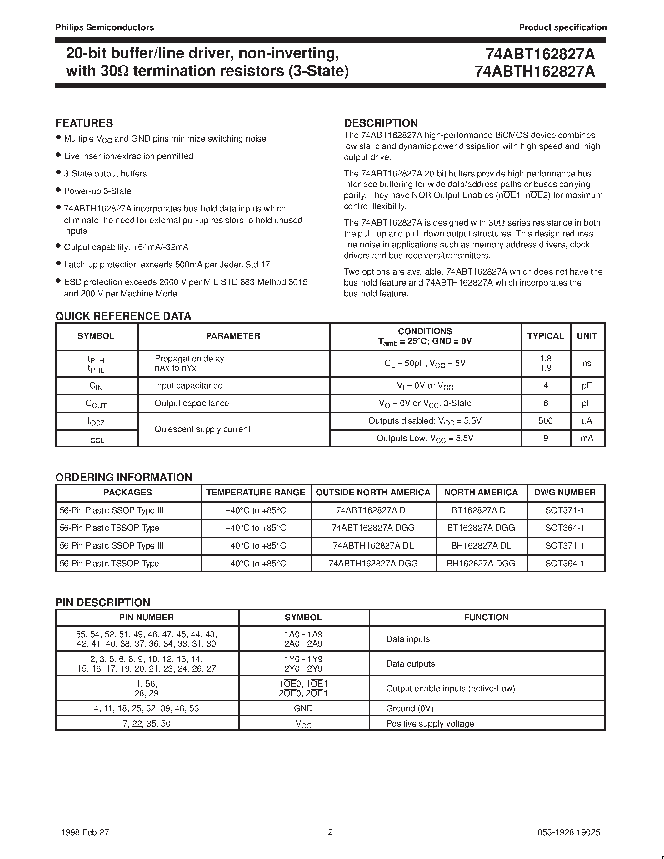 Datasheet BT162827ADL - 20-bit buffer/line driver/ non-inverting/with 30ohm termination resistors (3-State) page 2