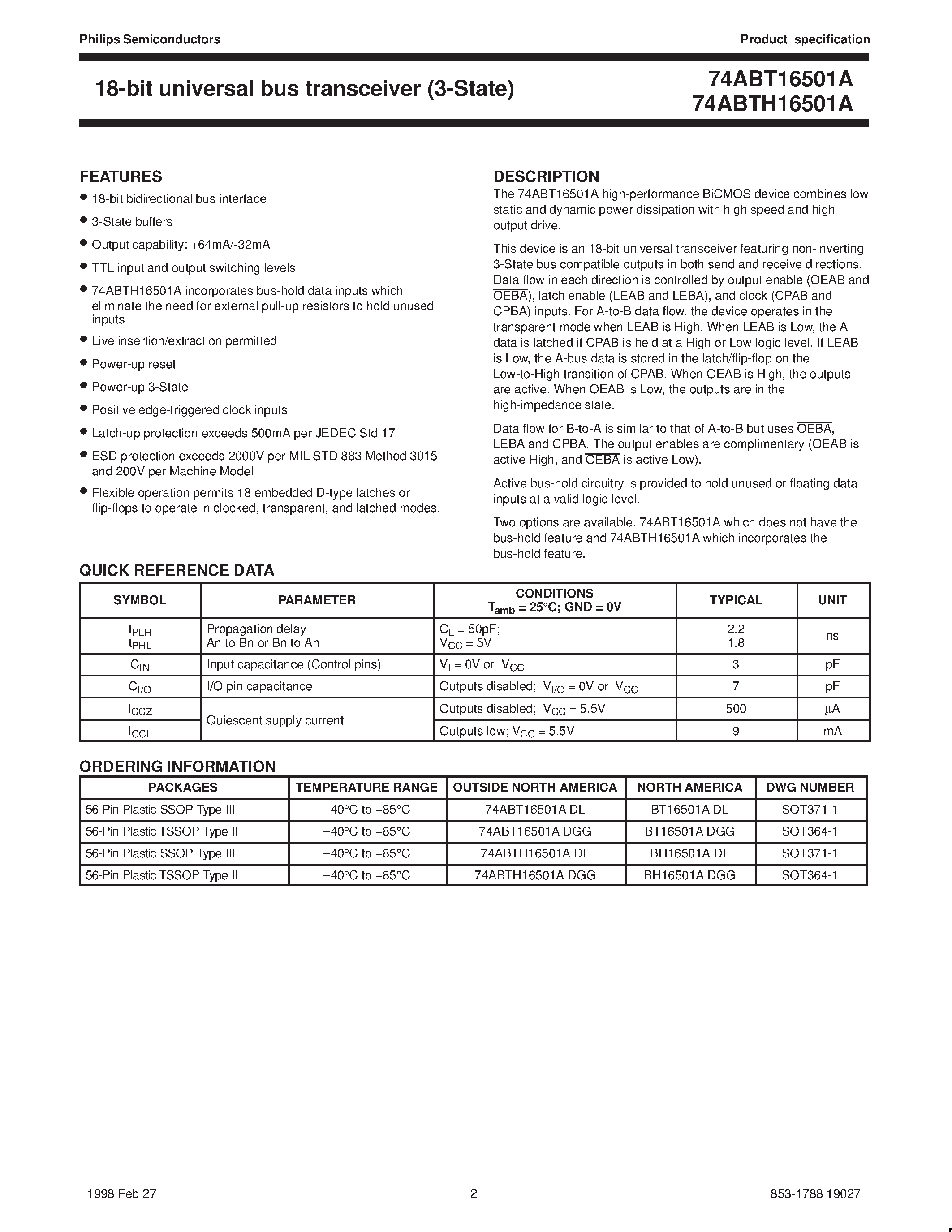 Datasheet BT16501ADL page 2 Datasheet BT16501ADL - 18-bit universal bus transceiver 3-State page 2