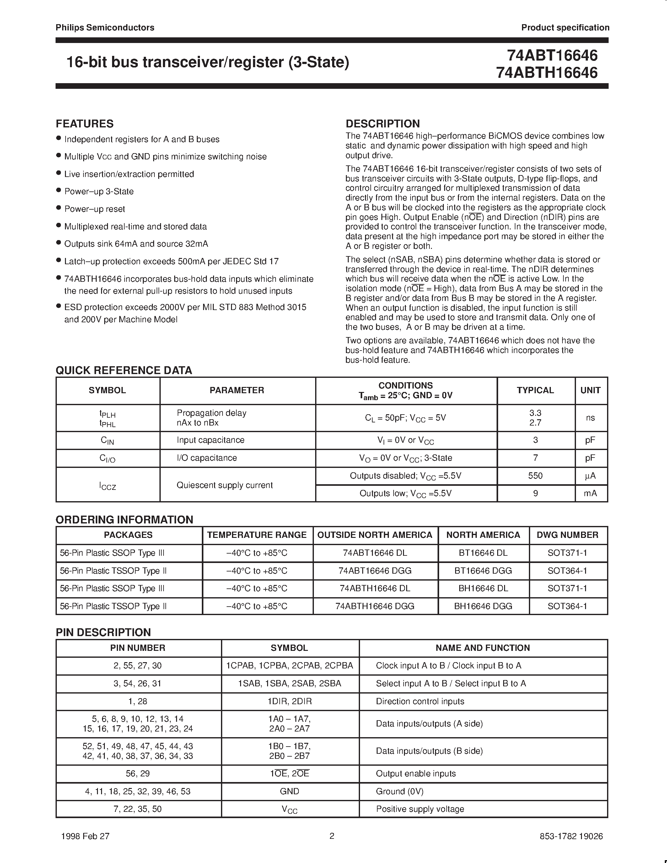 Datasheet BT16646DGG - 16-bit bus transceiver/register 3-State page 2