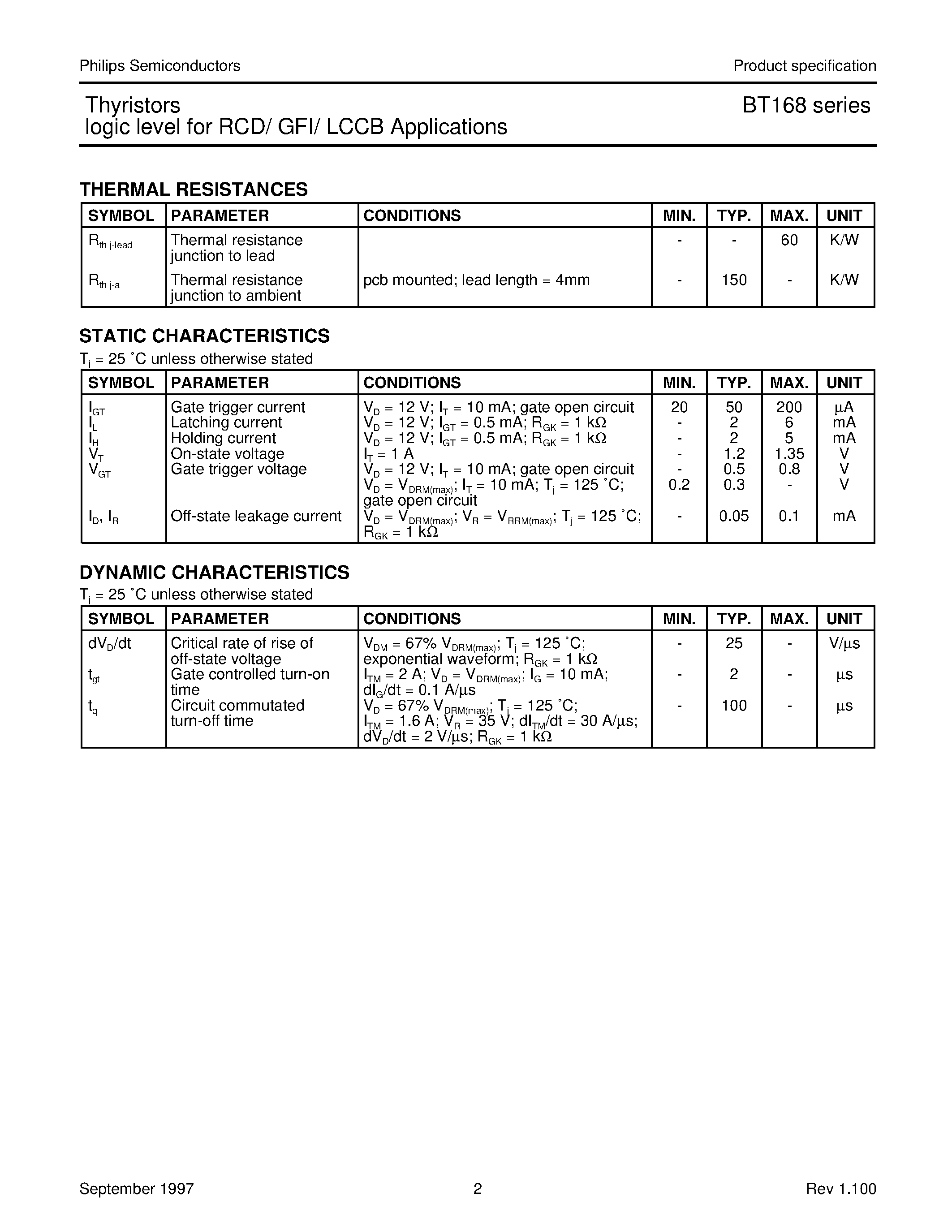 Даташит на микросхему BT168G страница 2 Даташит BT168G - Thyristors logic level for RCD/ GFI/ LCCB applications страница 2