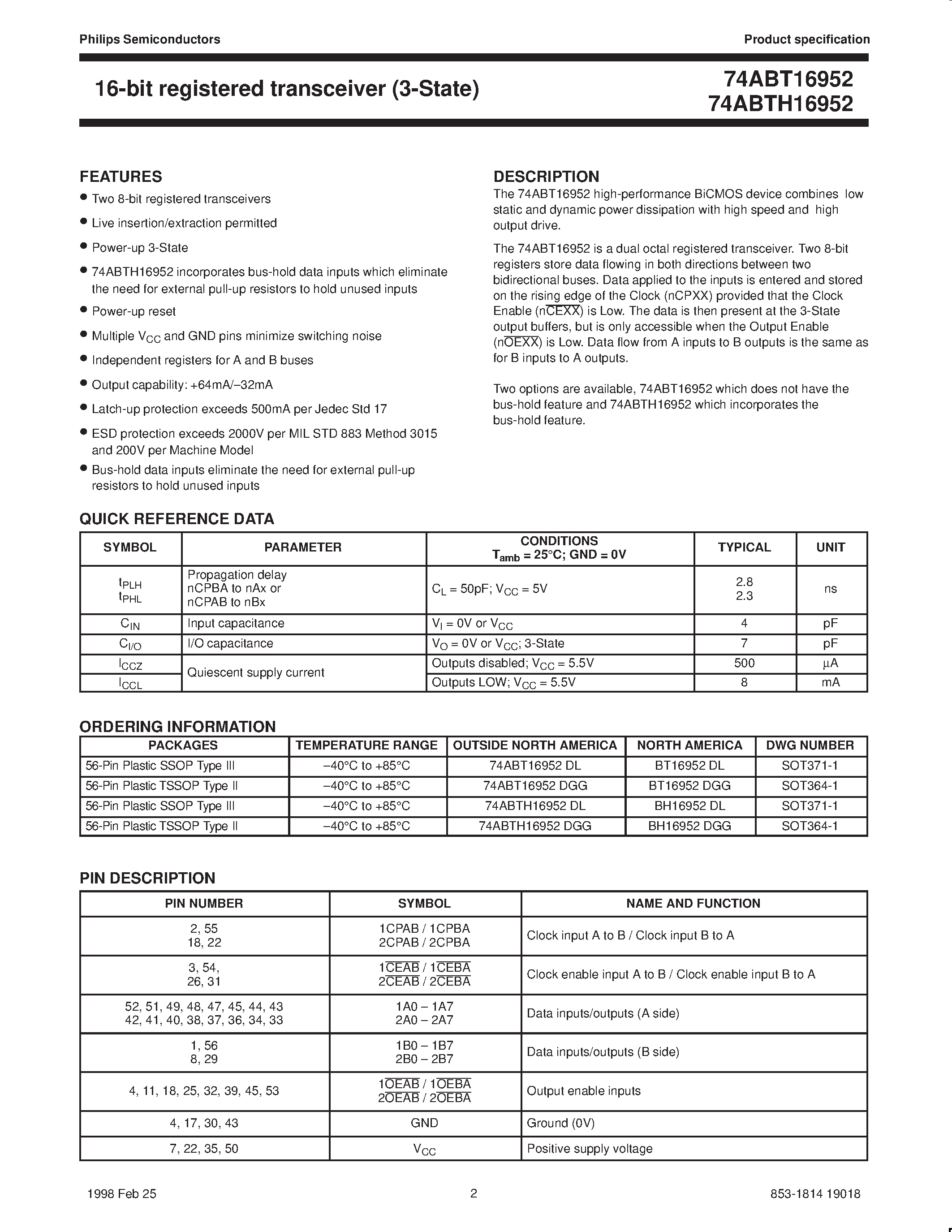 Datasheet BT16952DGG - 16-bit registered transceiver 3-State page 2