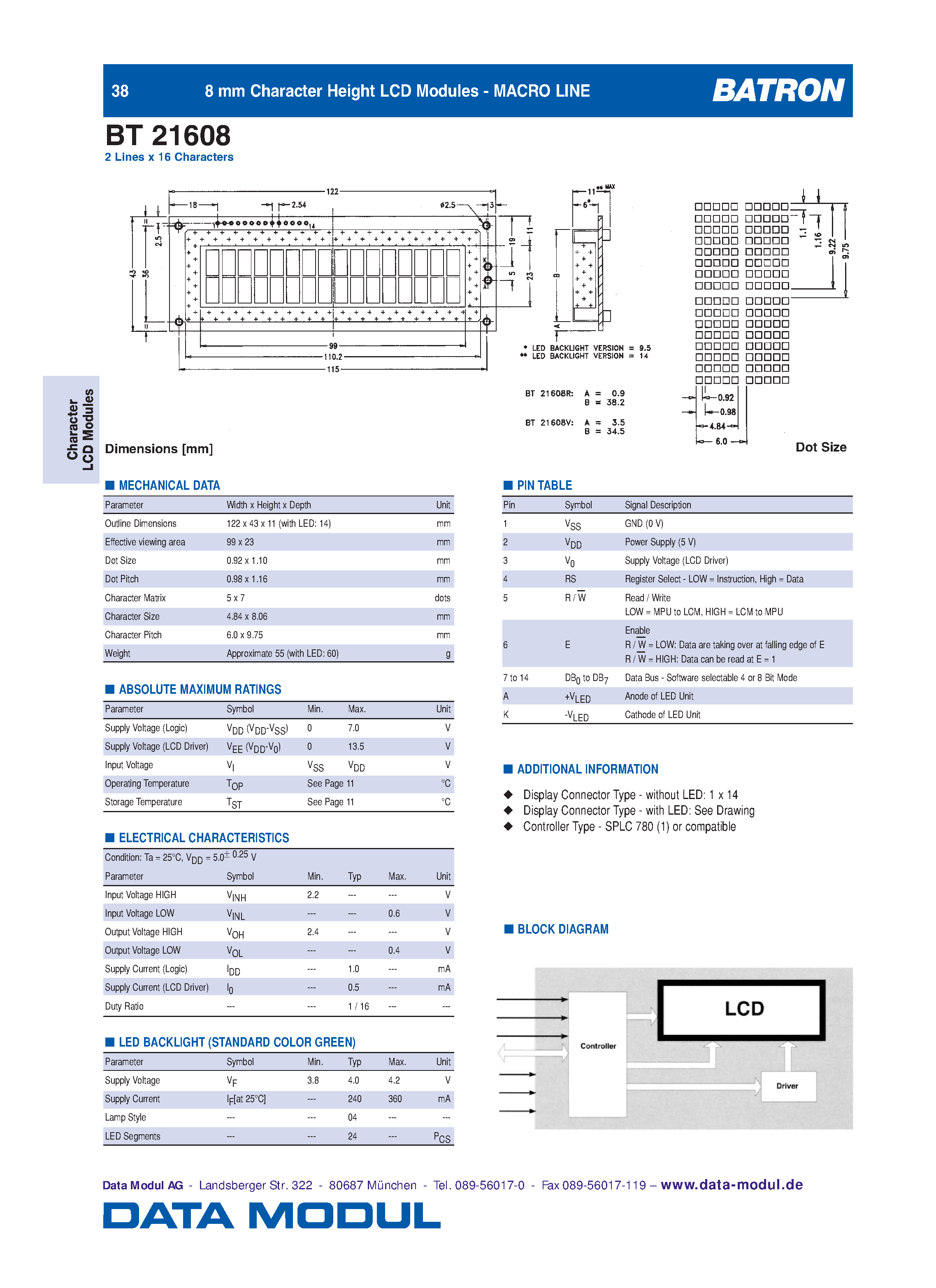 Даташит на микросхему BT21608 страница 1 Даташит BT21608 - 8 mm Character Height LCD Modules - MACRO LINE страница 1