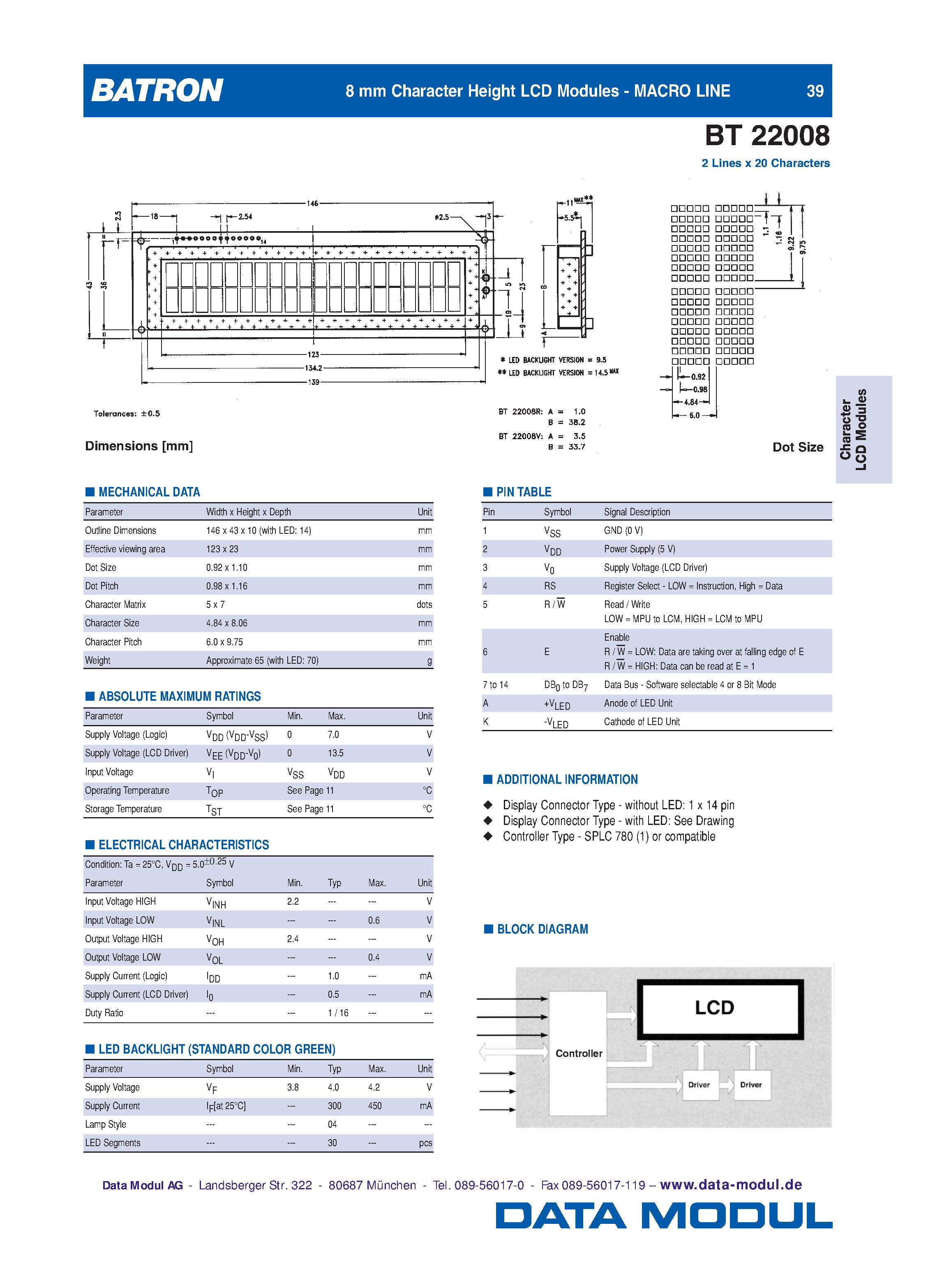 Даташит на микросхему BT22008 страница 1 Даташит BT22008 - 8 mm Character Height LCD Modules - MACRO LINE страница 1