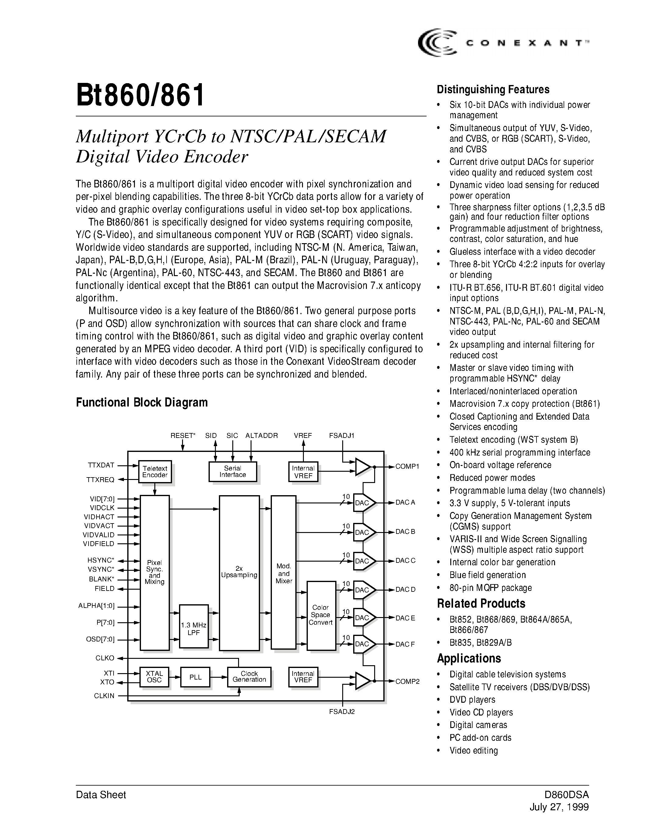 Datasheet BT860-BT861 - Multiport YCrCb to NTSC / PAL / SECAM Digital Video Encoder page 1