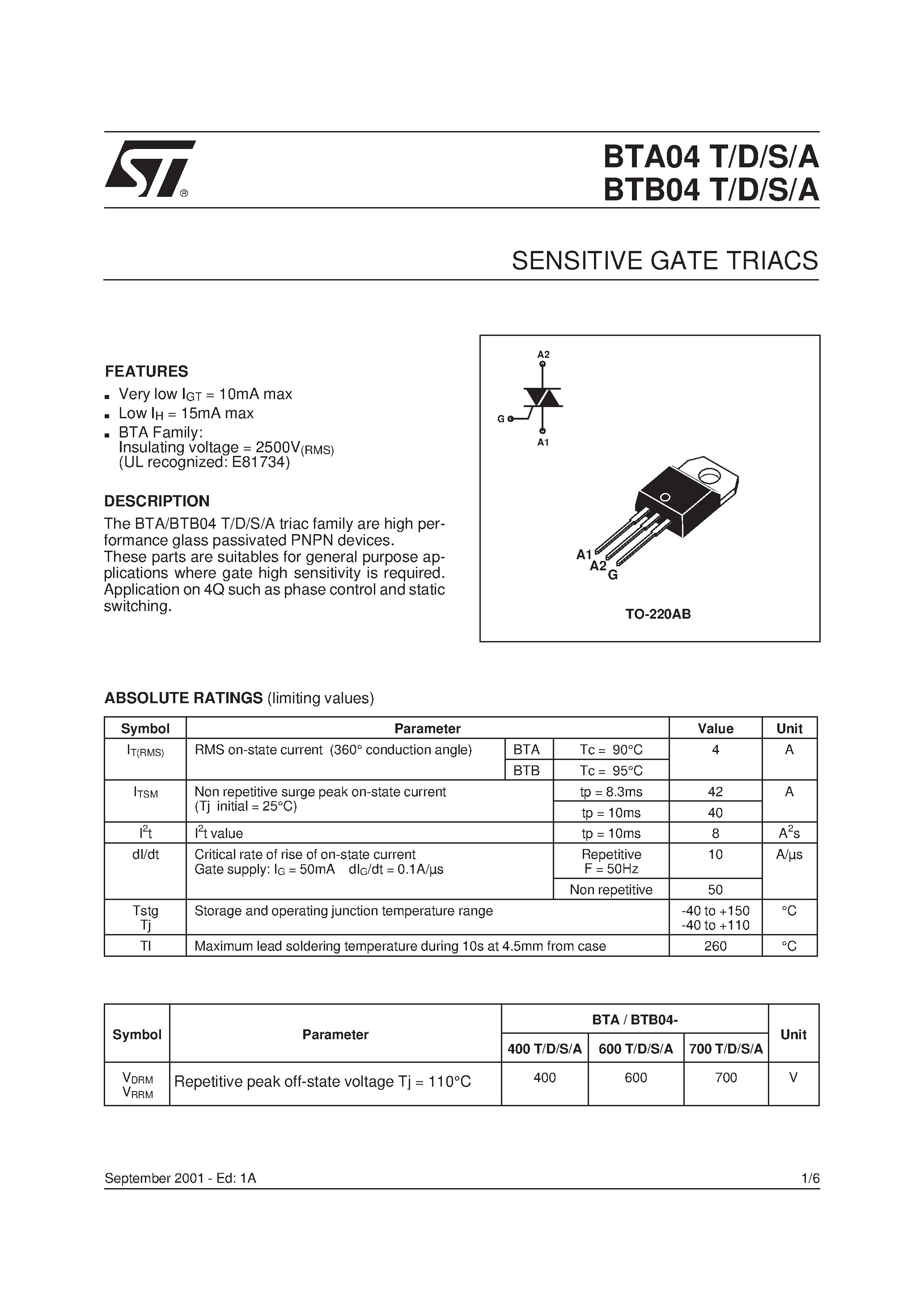 Datasheet BTA04-600A - SENSITIVE GATE TRIACS page 1