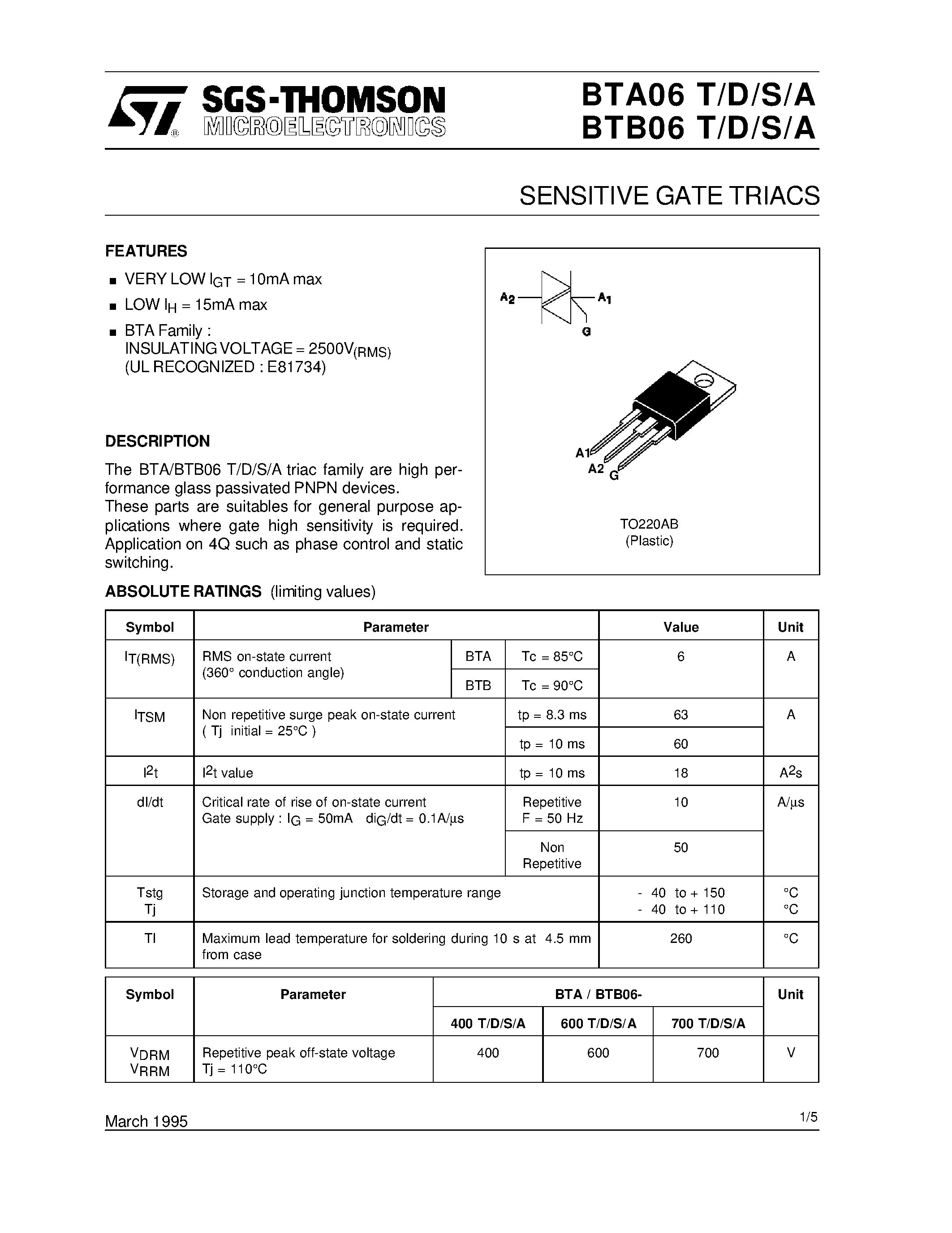 Даташит BTA06D - SENSITIVE GATE TRIACS страница 1