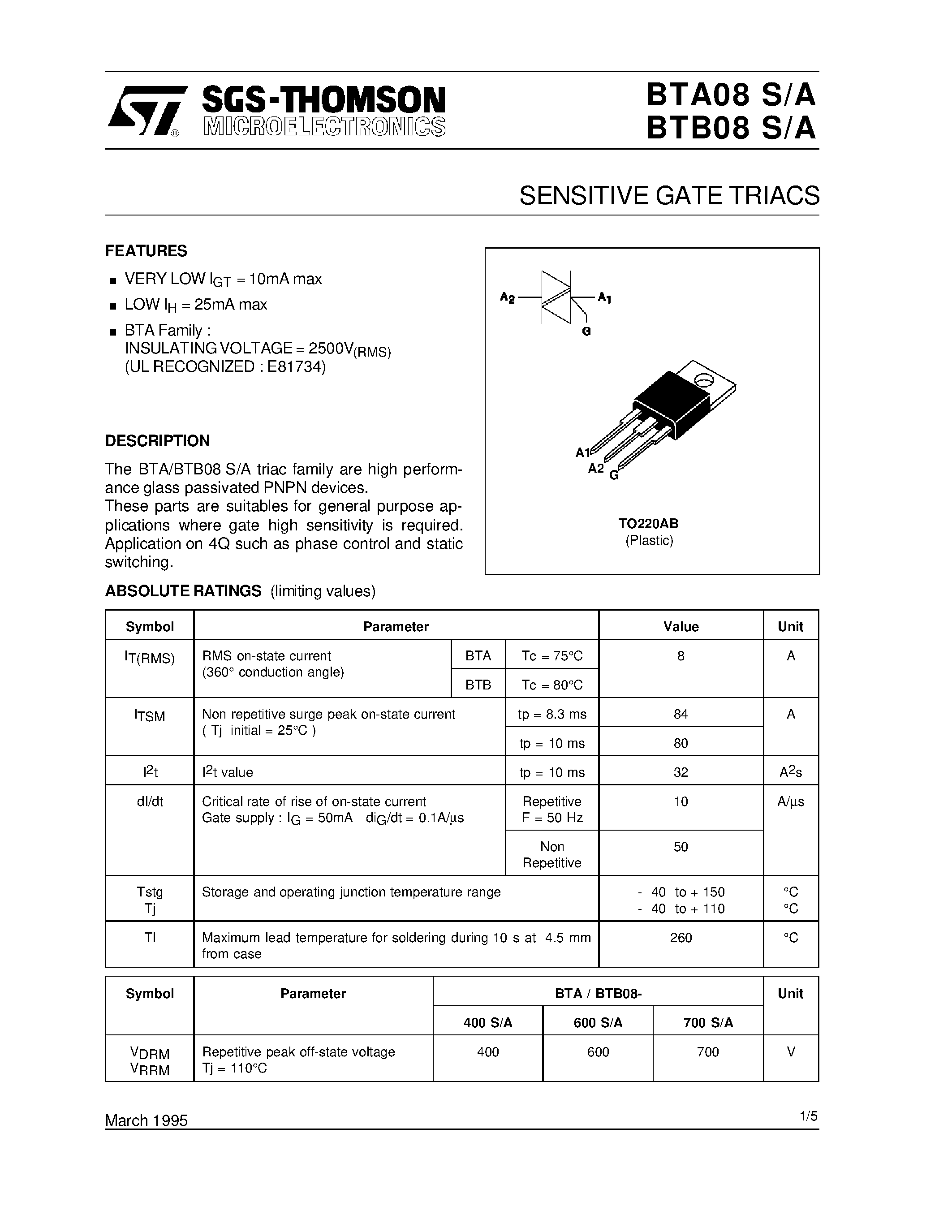 Даташит BTA08-400A - SENSITIVE GATE TRIACS страница 1