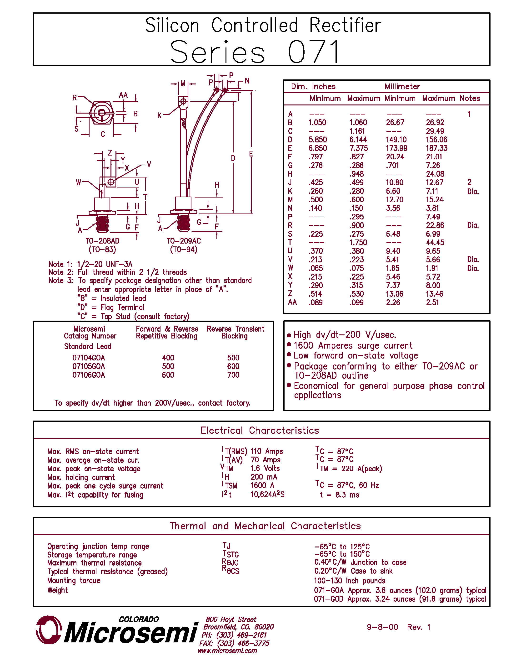 Datasheet 07105GOA - SILICON CONTROLLED RECTIFIER page 1