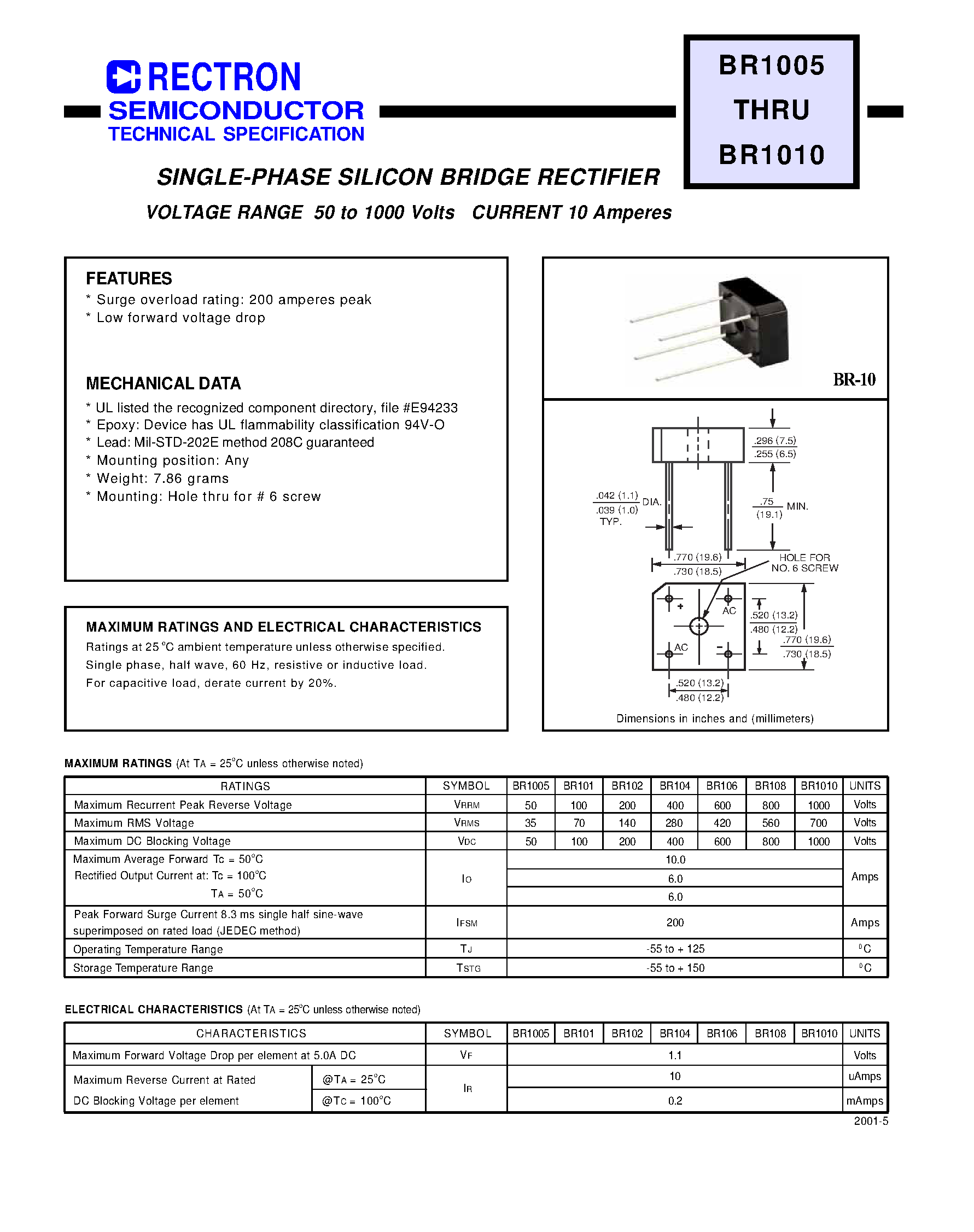 Datasheet BR1005 page 1 Datasheet BR1005 - SINGLE-PHASE SILICON BRIDGE RECTIFIER page 1