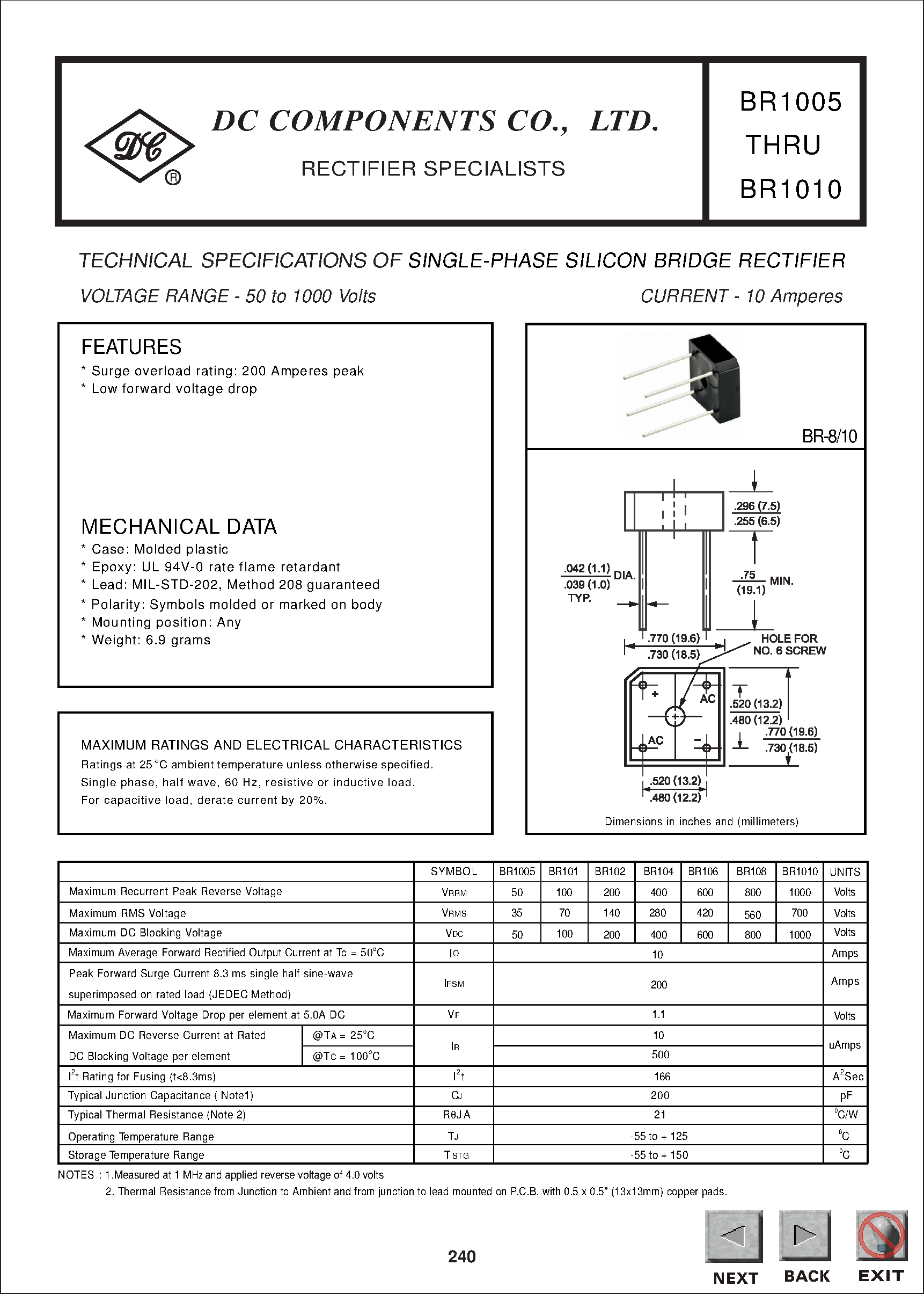 Datasheet BR1010 page 1 Datasheet BR1010 - TECHNICAL SPECIFICATIONS OF SINGLE-PHASE SILICON BRIDGE RECTIFIER page 1