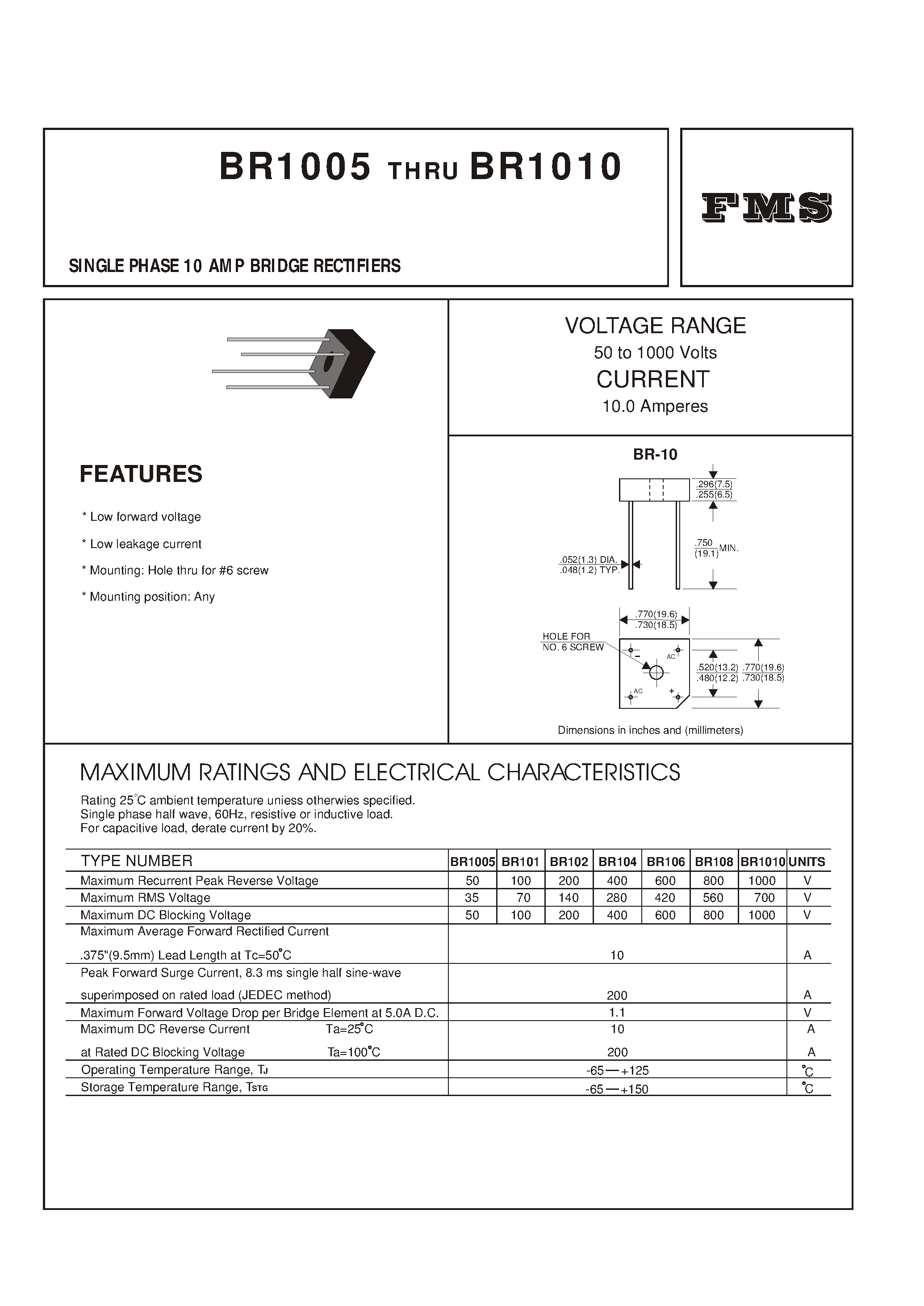 Datasheet BR106 - SINGLE PHASE 10 AMP BRIDGE RECTIFIERS page 1