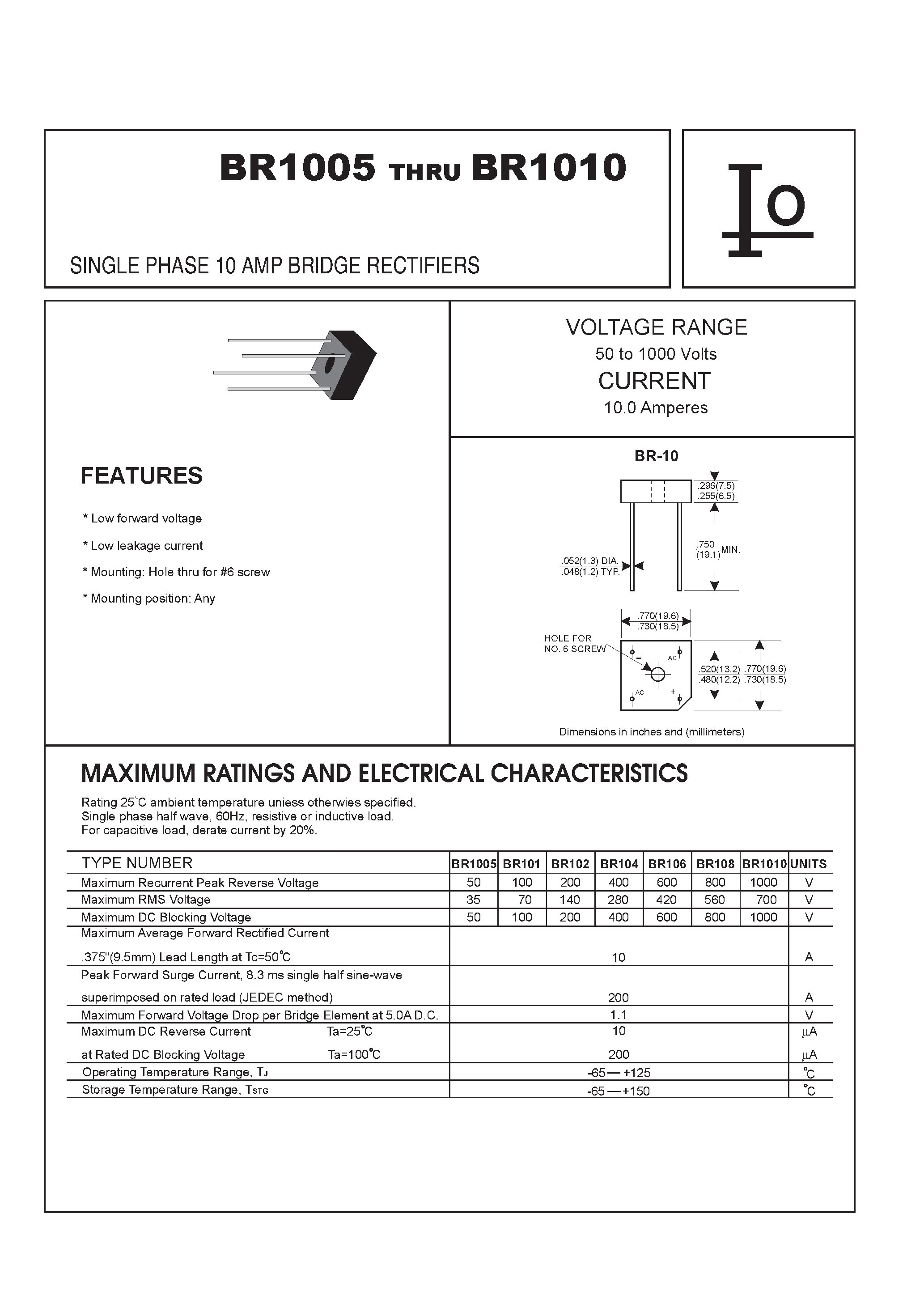 Datasheet BR108 page 1 Datasheet BR108 - SINGLE PHASE 10 AMP BRIDGE RECTIFIERS page 1
