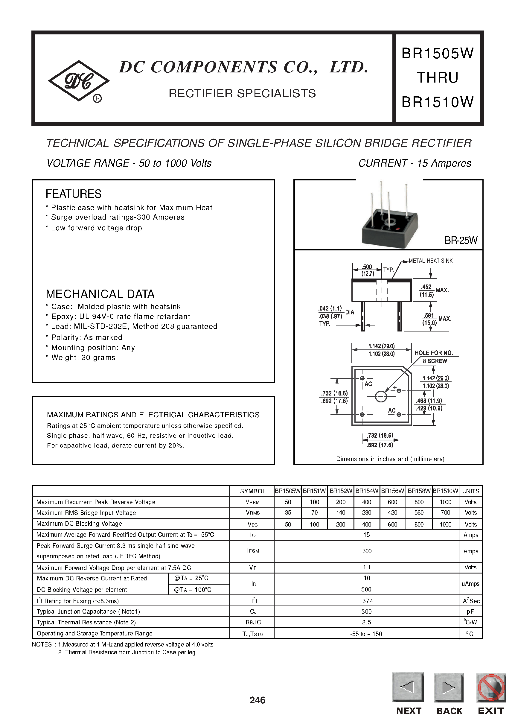 Datasheet BR1505W page 1 Datasheet BR1505W - TECHNICAL SPECIFICATIONS OF SINGLE-PHASE SILICON BRIDGE RECTIFIER page 1