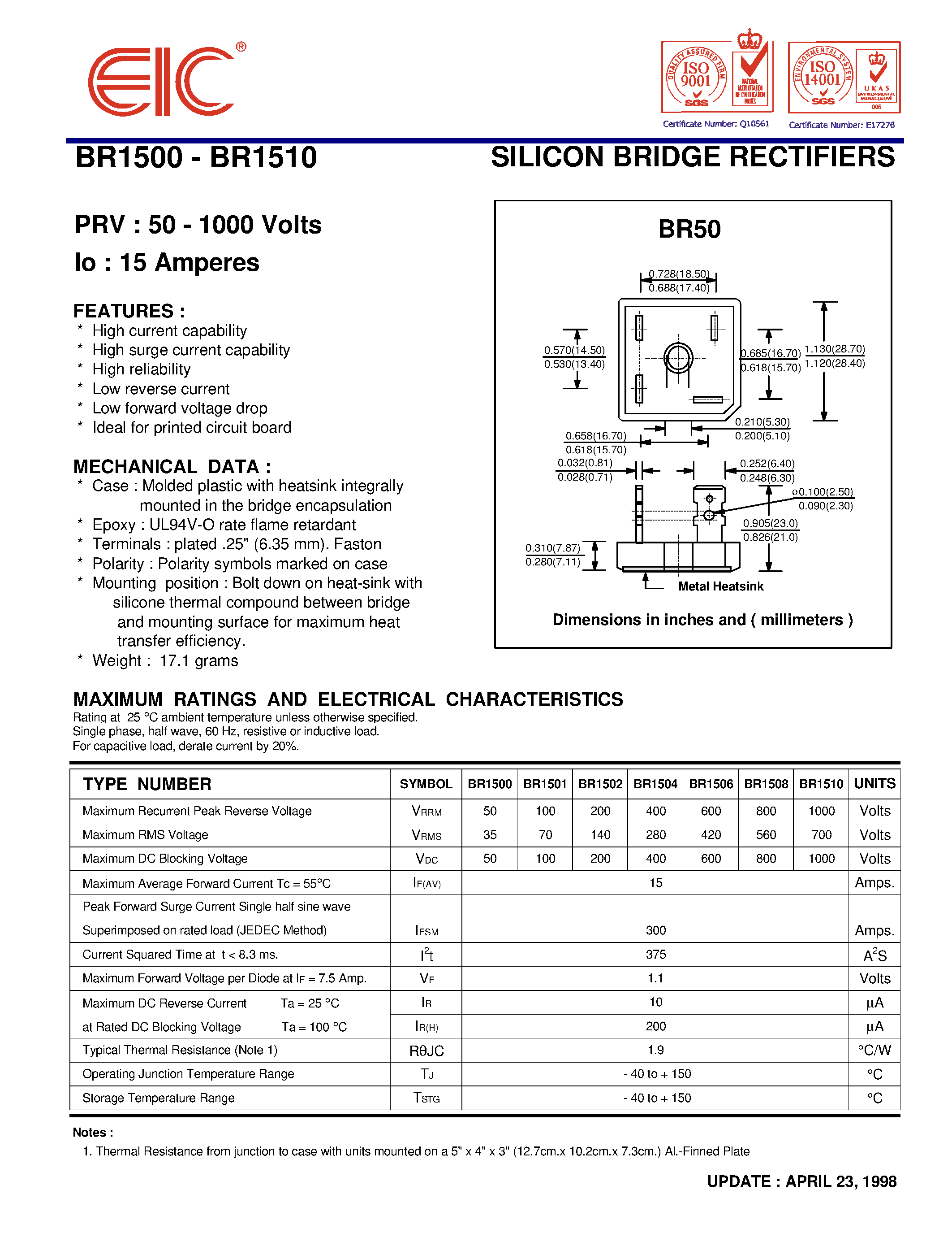 Datasheet BR1508 page 1 Datasheet BR1508 - SILICON BRIDGE RECTIFIERS page 1