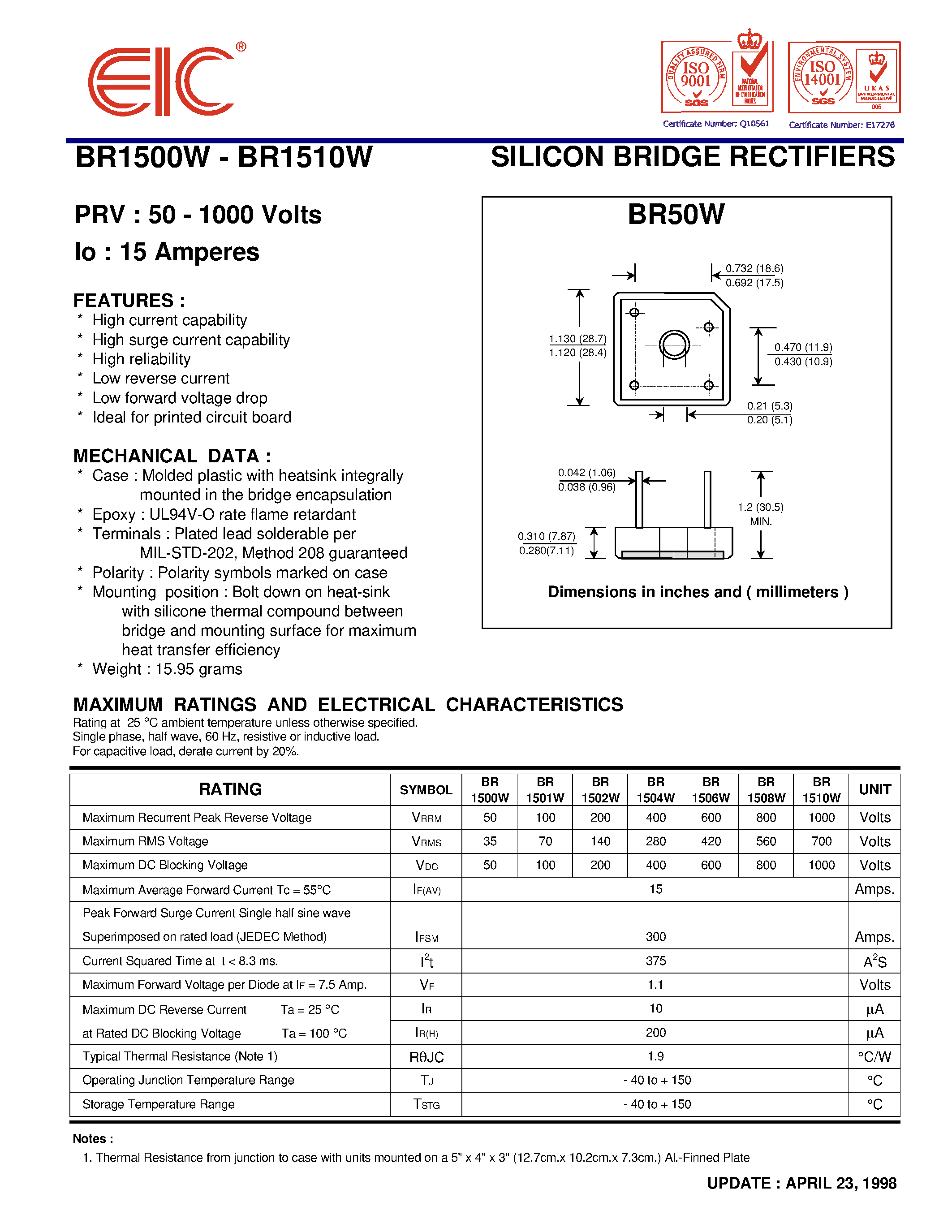 Datasheet BR1510W page 1 Datasheet BR1510W - SILICON BRIDGE RECTIFIERS page 1