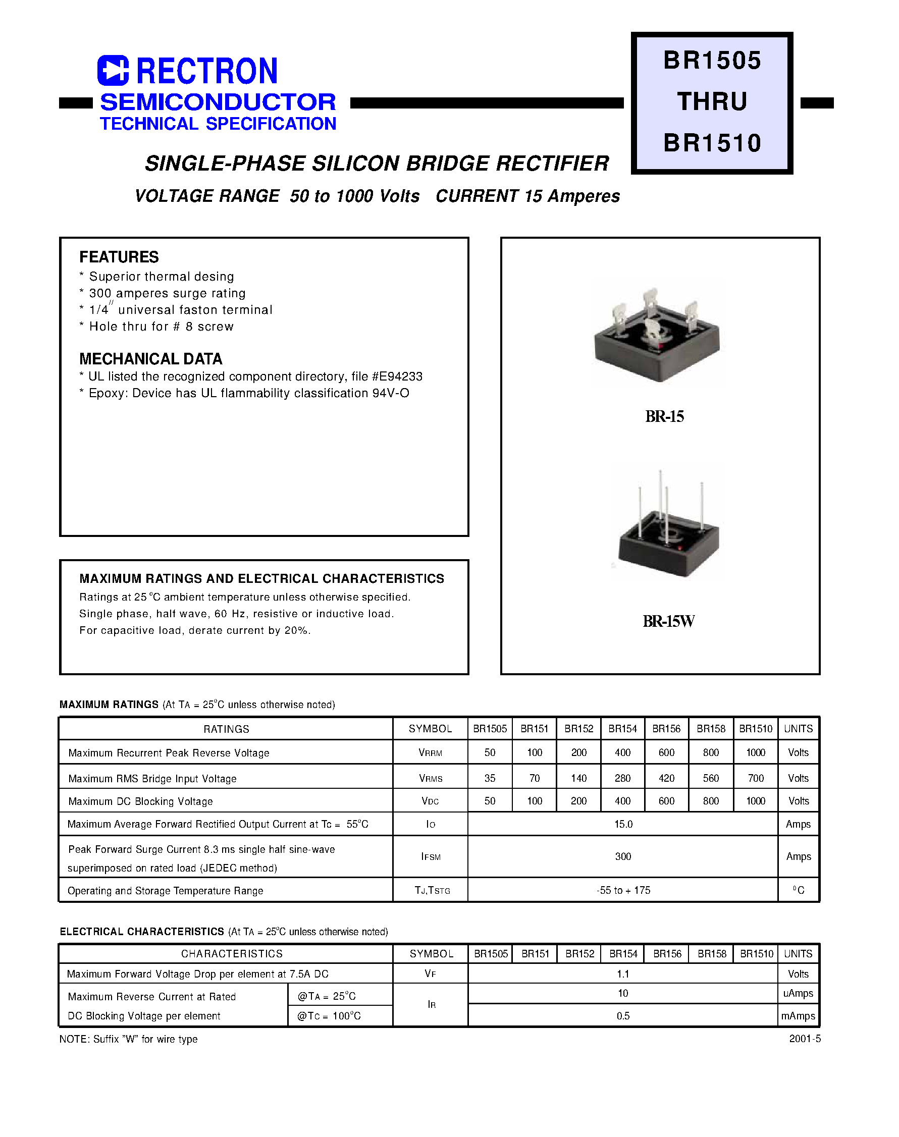 Datasheet BR152 page 1 Datasheet BR152 - SINGLE-PHASE SILICON BRIDGE RECTIFIER page 1