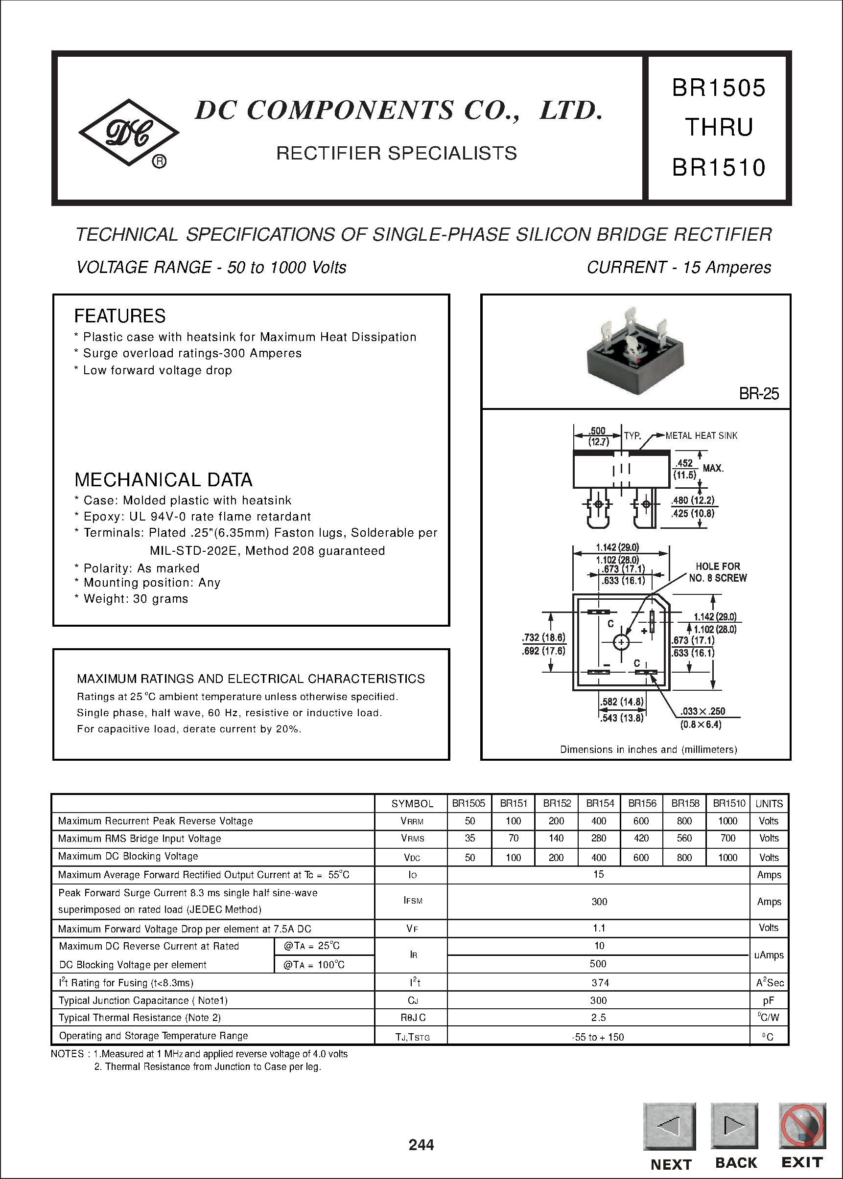 Datasheet BR152 page 1 Datasheet BR152 - TECHNICAL SPECIFICATIONS OF SINGLE-PHASE SILICON BRIDGE RECTIFIER page 1