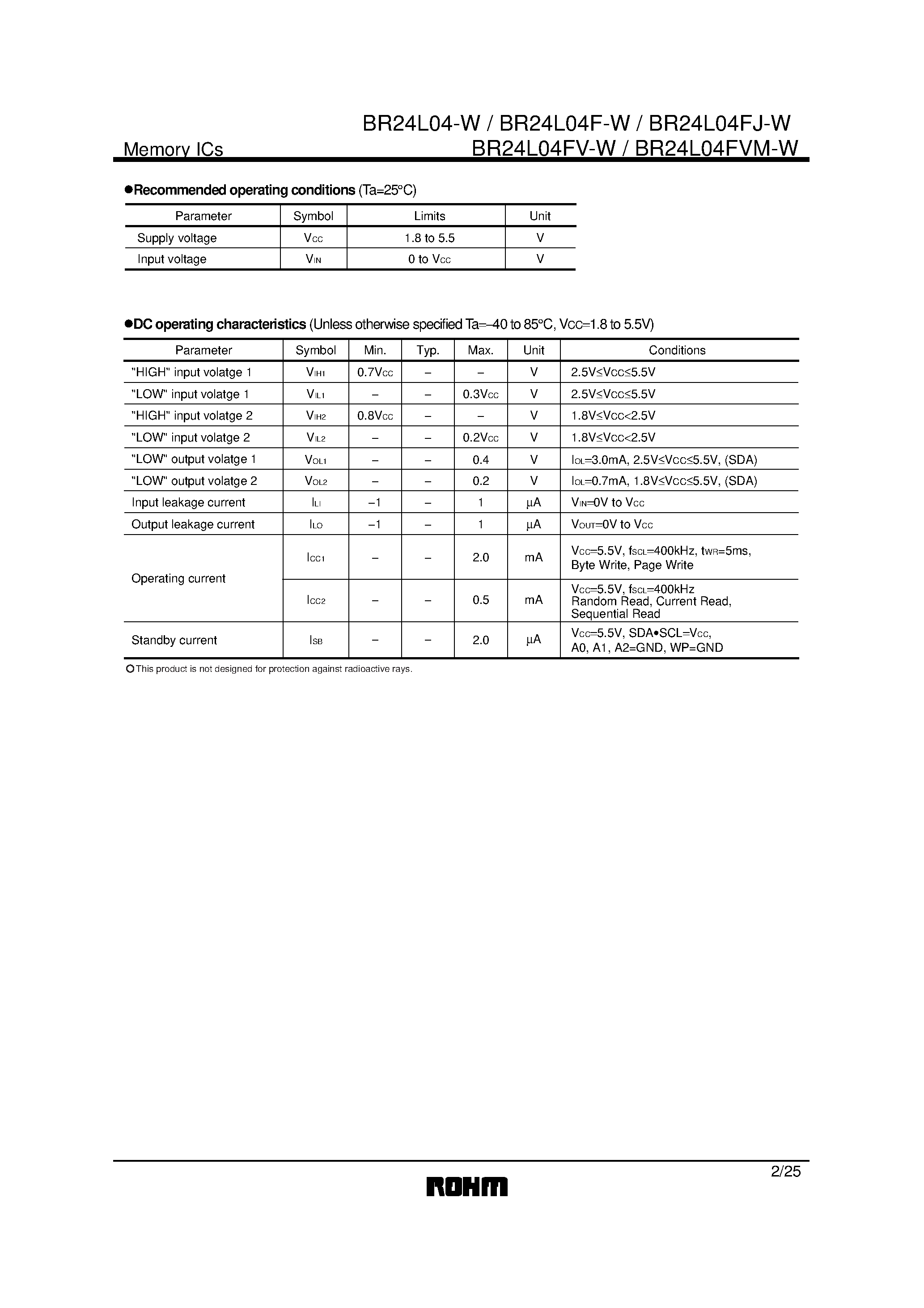 Datasheet BR24L04FVM-W page 2 Datasheet BR24L04FVM-W - 5128 bit electrically erasable PROM page 2