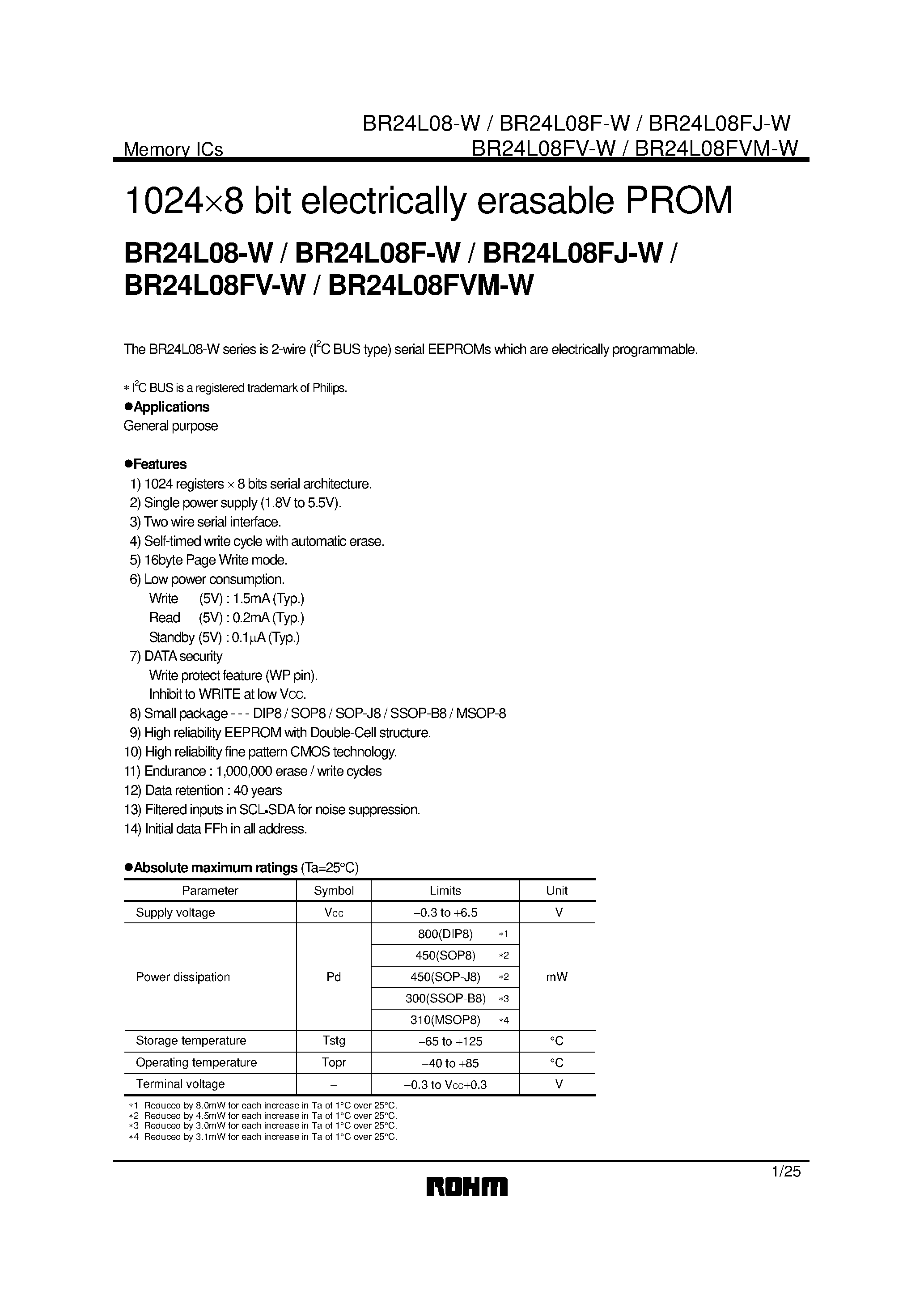 Datasheet BR24L08FV-W page 1 Datasheet BR24L08FV-W - 10248 bit electrically erasable PROM page 1