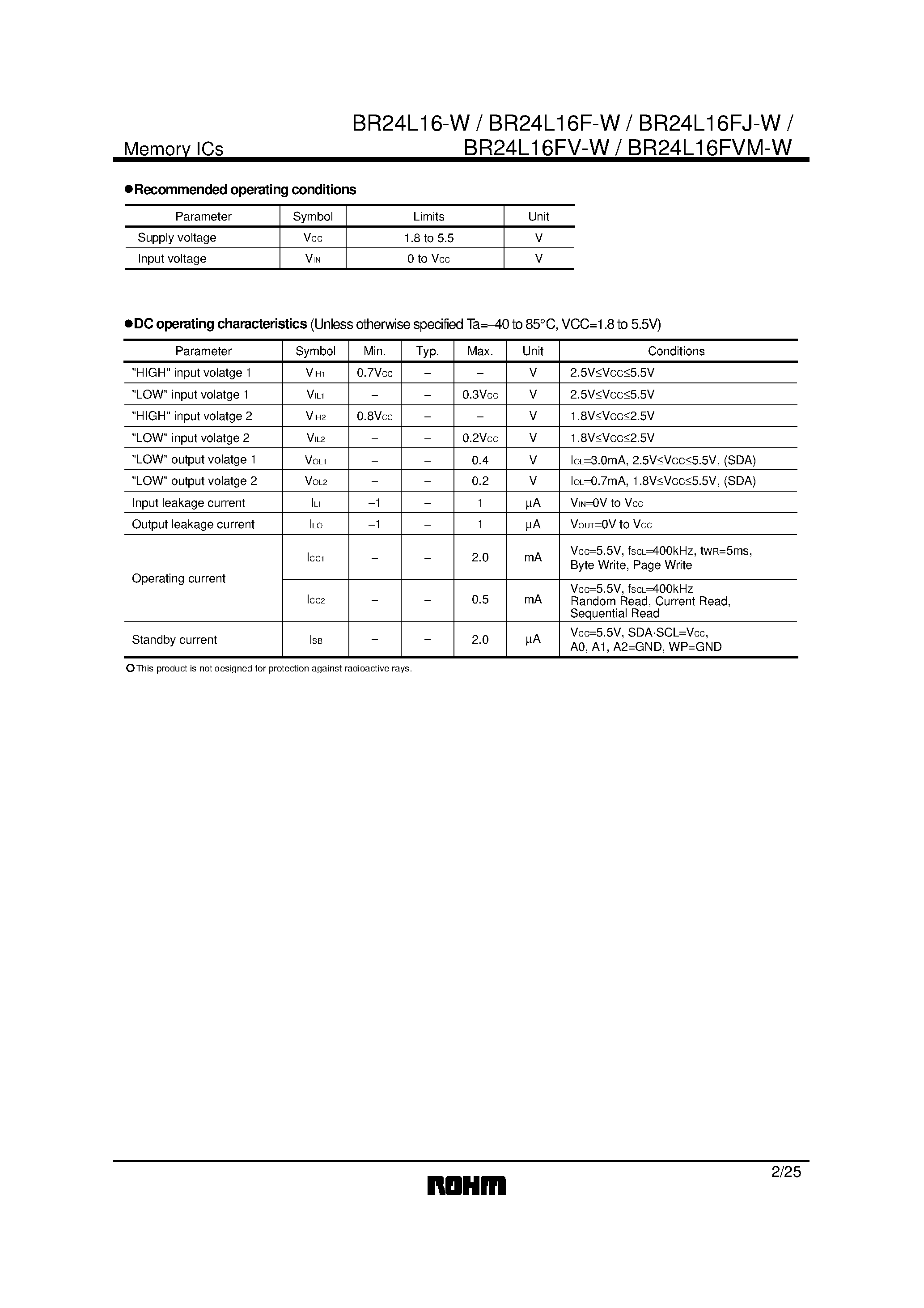 Datasheet BR24L16FJ-W page 2 Datasheet BR24L16FJ-W - 2k8 bit electrically erasable PROM page 2