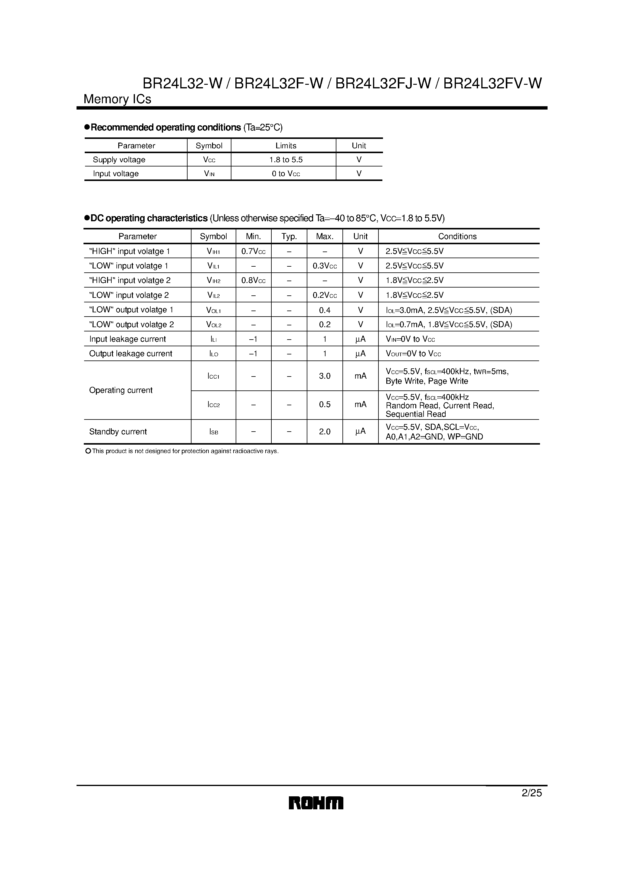 Datasheet BR24L32F-W - 4k8 bit electrically erasable PROM page 2