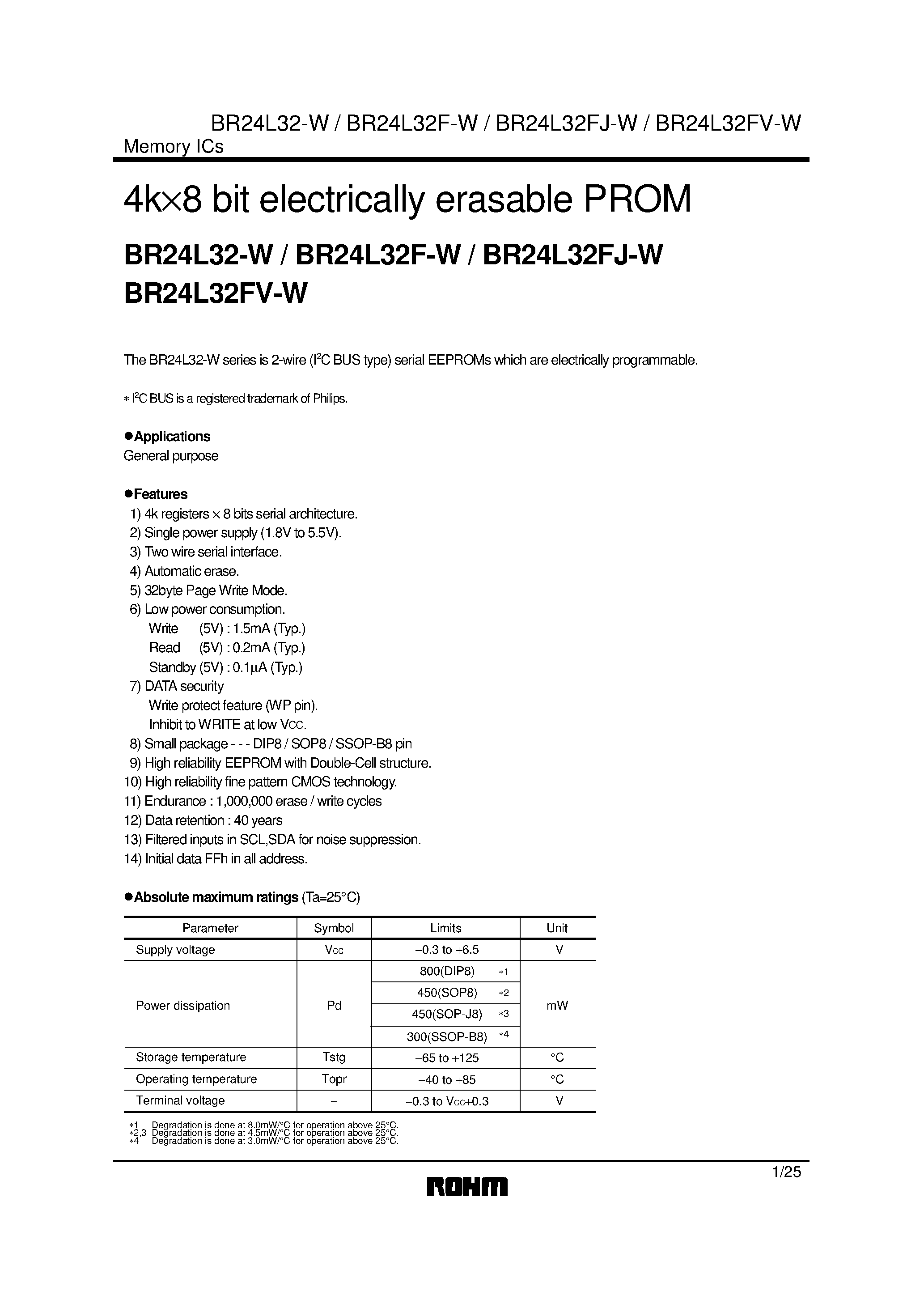 Datasheet BR24L32FV-W page 1 Datasheet BR24L32FV-W - 4k8 bit electrically erasable PROM page 1