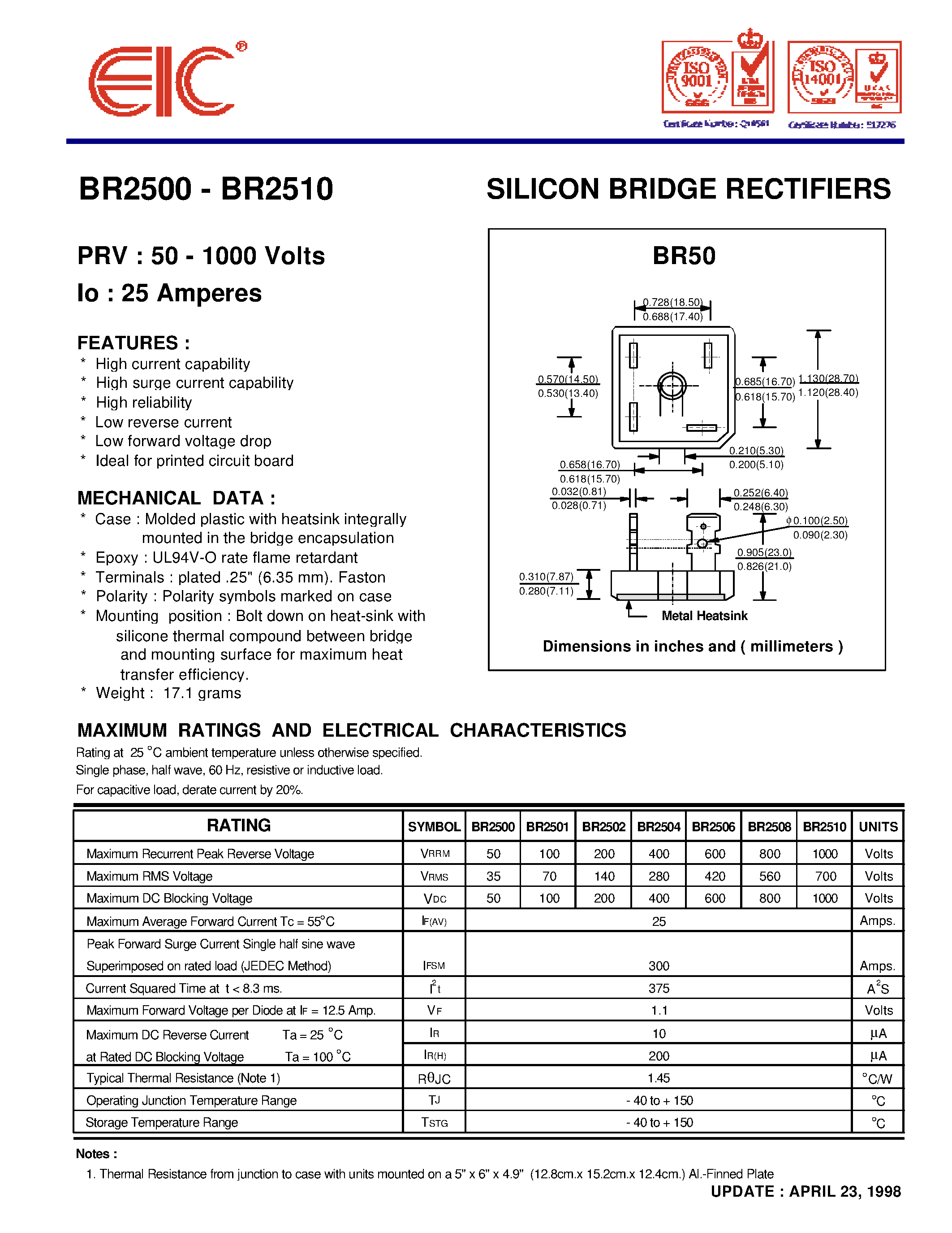 Datasheet BR2500 page 1 Datasheet BR2500 - SILICON BRIDGE RECTIFIERS page 1