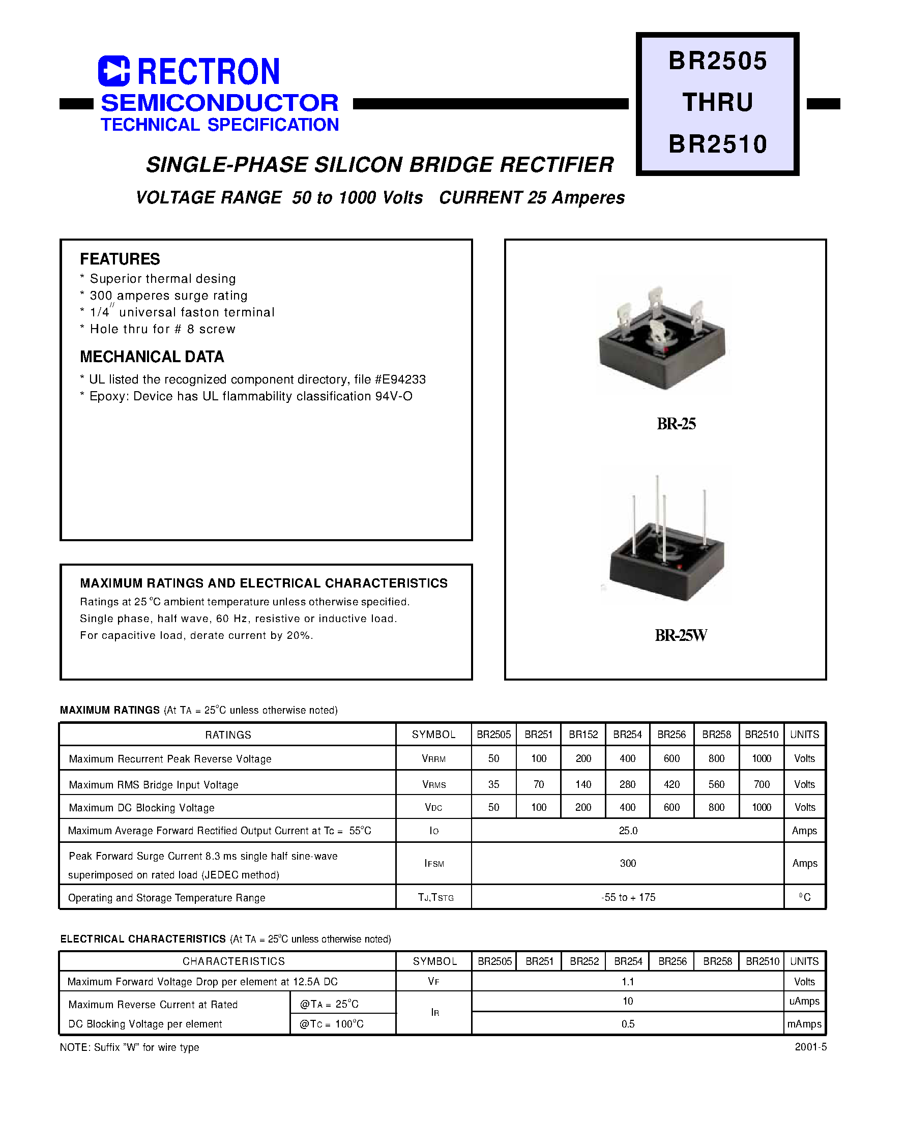 Datasheet BR2505 page 1 Datasheet BR2505 - SINGLE-PHASE SILICON BRIDGE RECTIFIER page 1