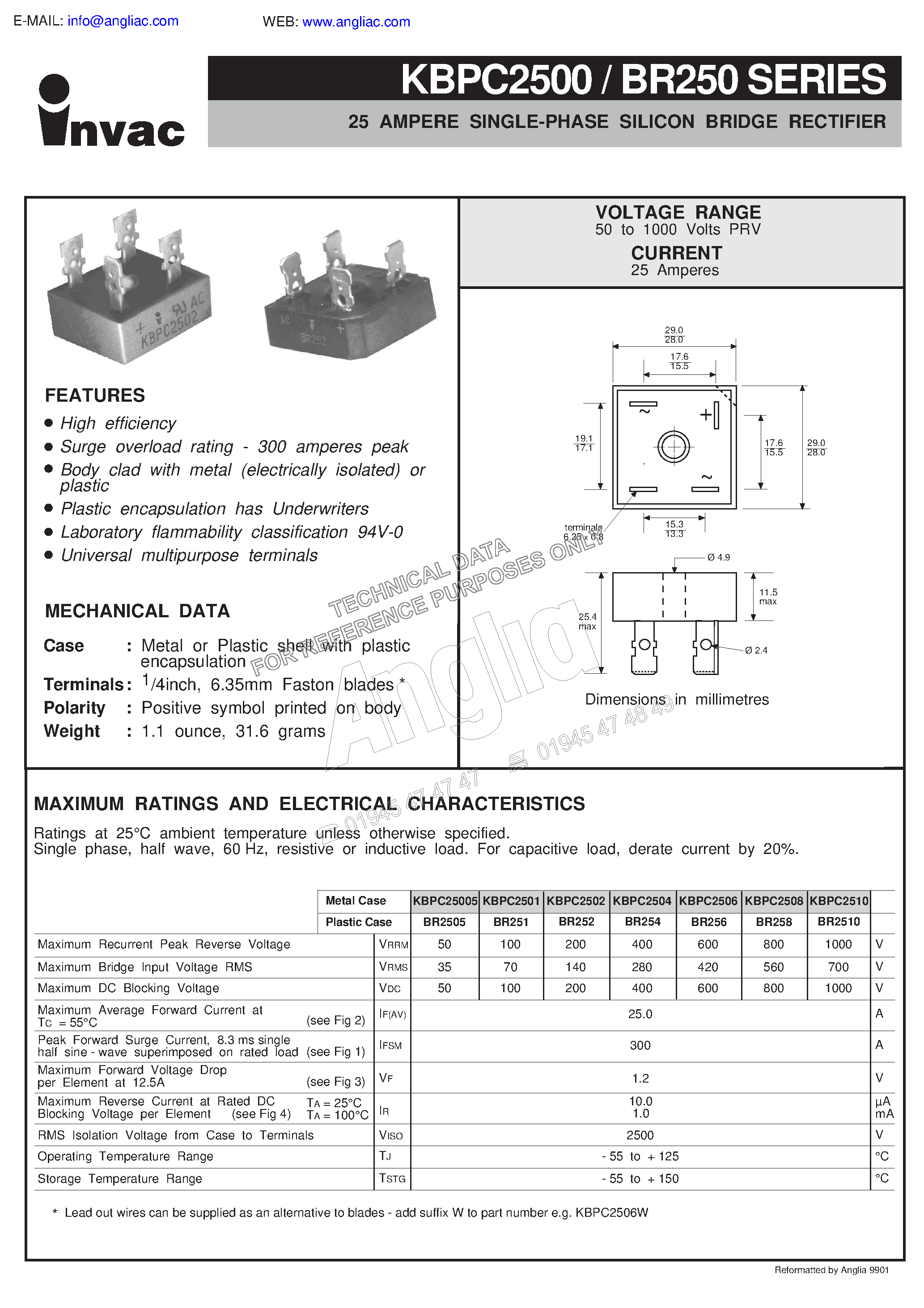 Datasheet BR2505 - 25 AMPERE SINGLE-PHASE SILICON BRIDGE RECTIFIER page 1