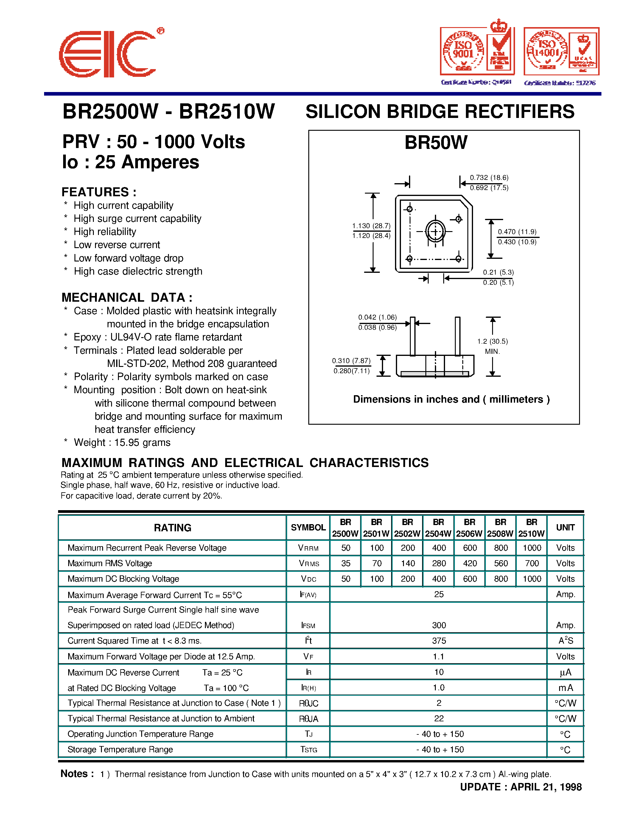 Datasheet BR2510W page 1 Datasheet BR2510W - SILICON BRIDGE RECTIFIERS page 1