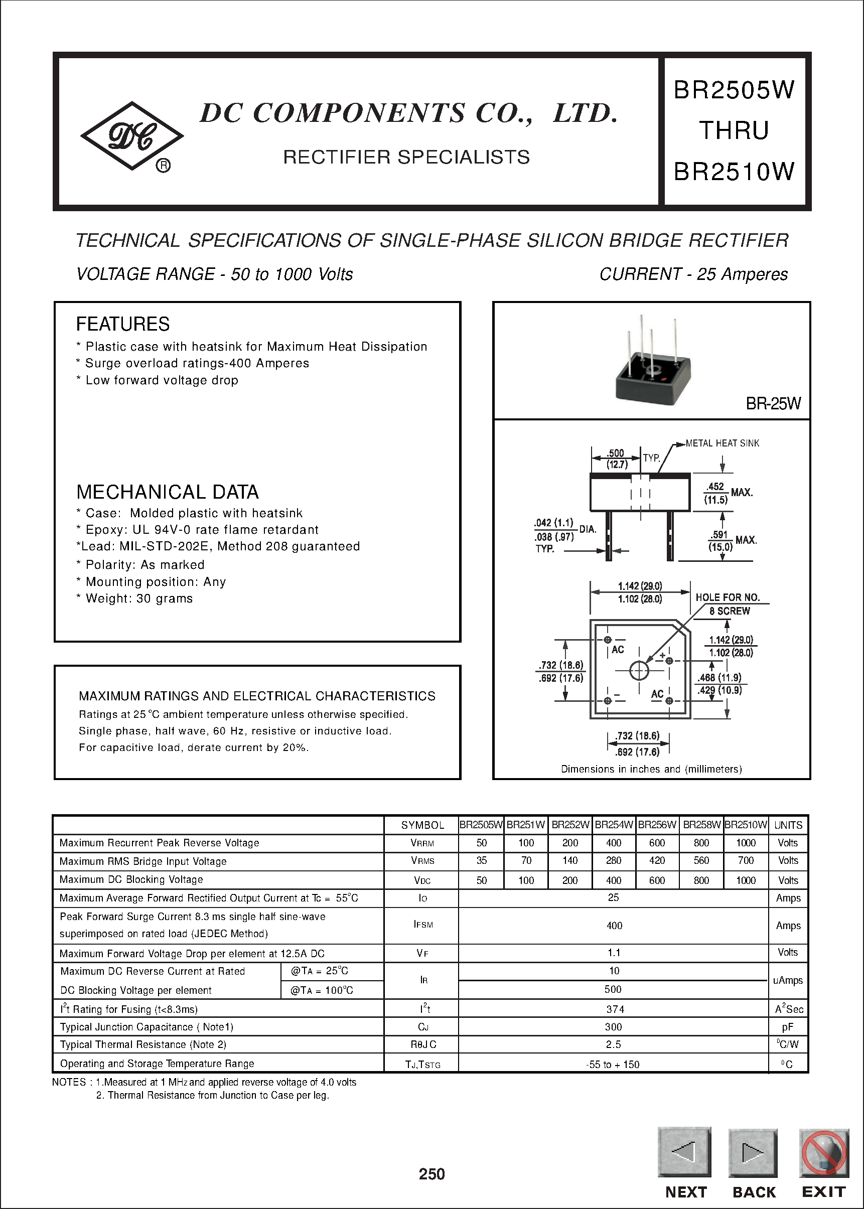Datasheet BR251W page 1 Datasheet BR251W - TECHNICAL SPECIFICATIONS OF SINGLE-PHASE SILICON BRIDGE RECTIFIER page 1