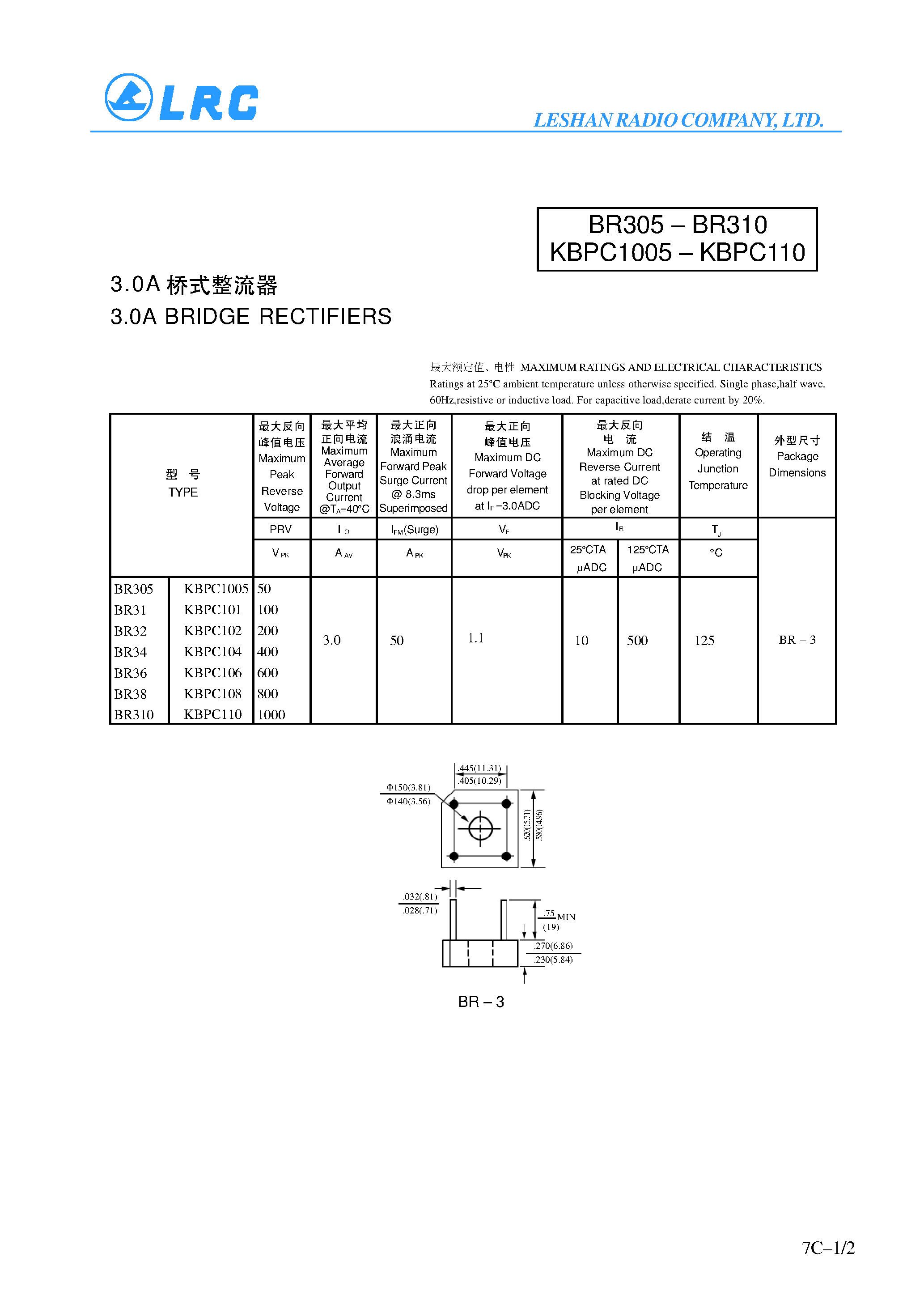 Datasheet BR305 - 3.0A BRIDGE RECTIFIERS page 1