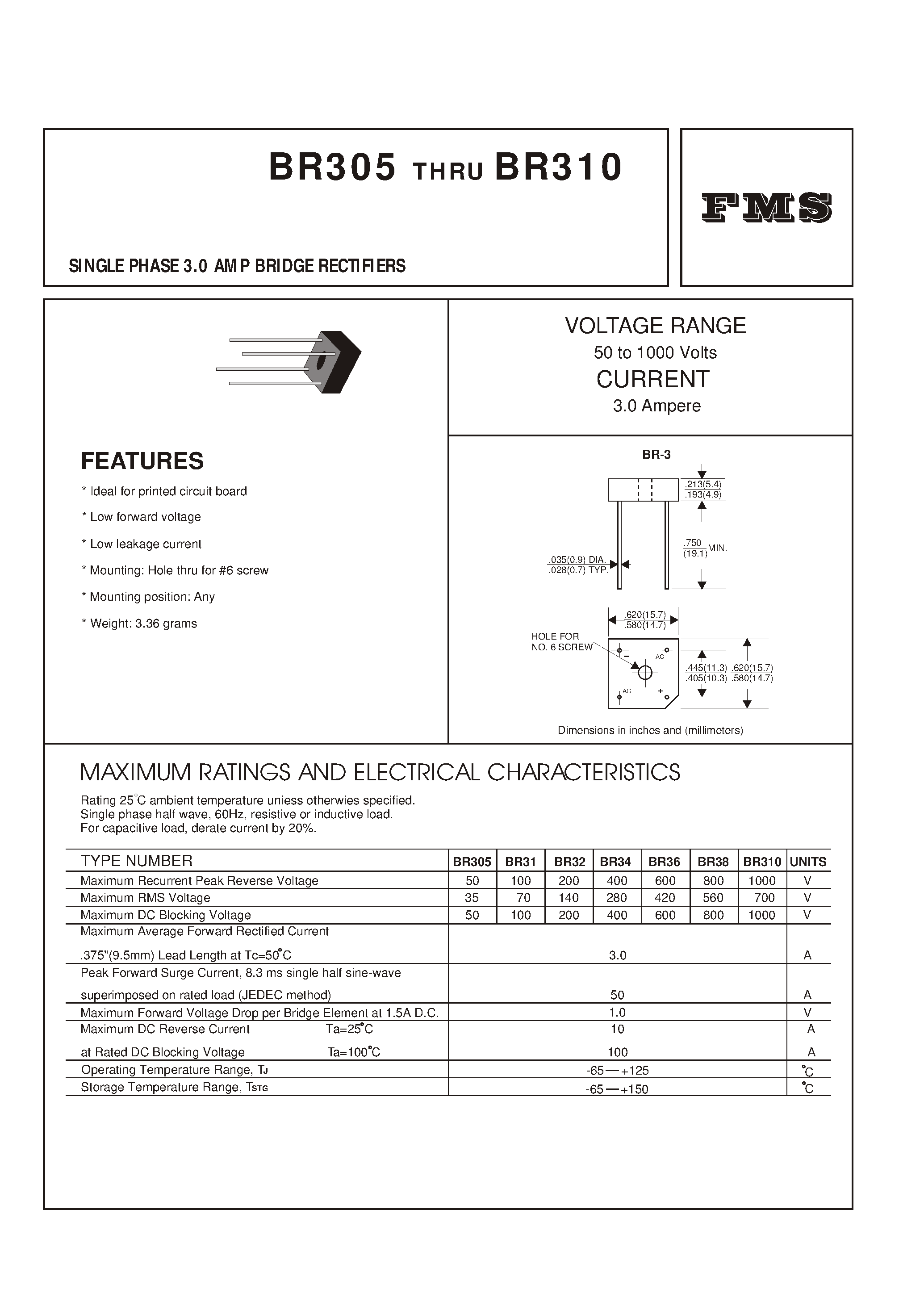Datasheet BR310 - SINGLE PHASE 3.0 AMP BRIDGE RECTIFIERS page 1