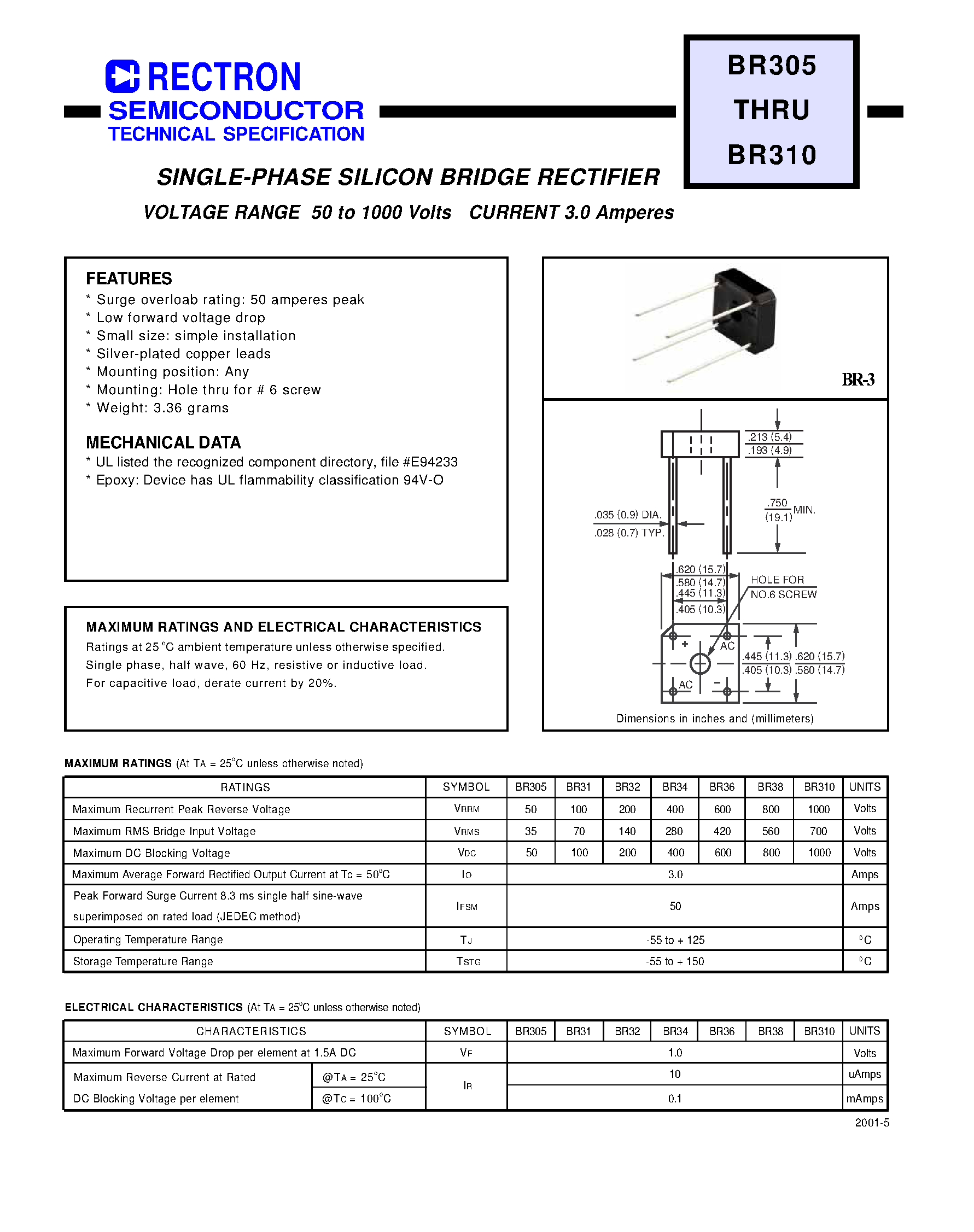 Datasheet BR310 page 1 Datasheet BR310 - SINGLE-PHASE SILICON BRIDGE RECTIFIER page 1