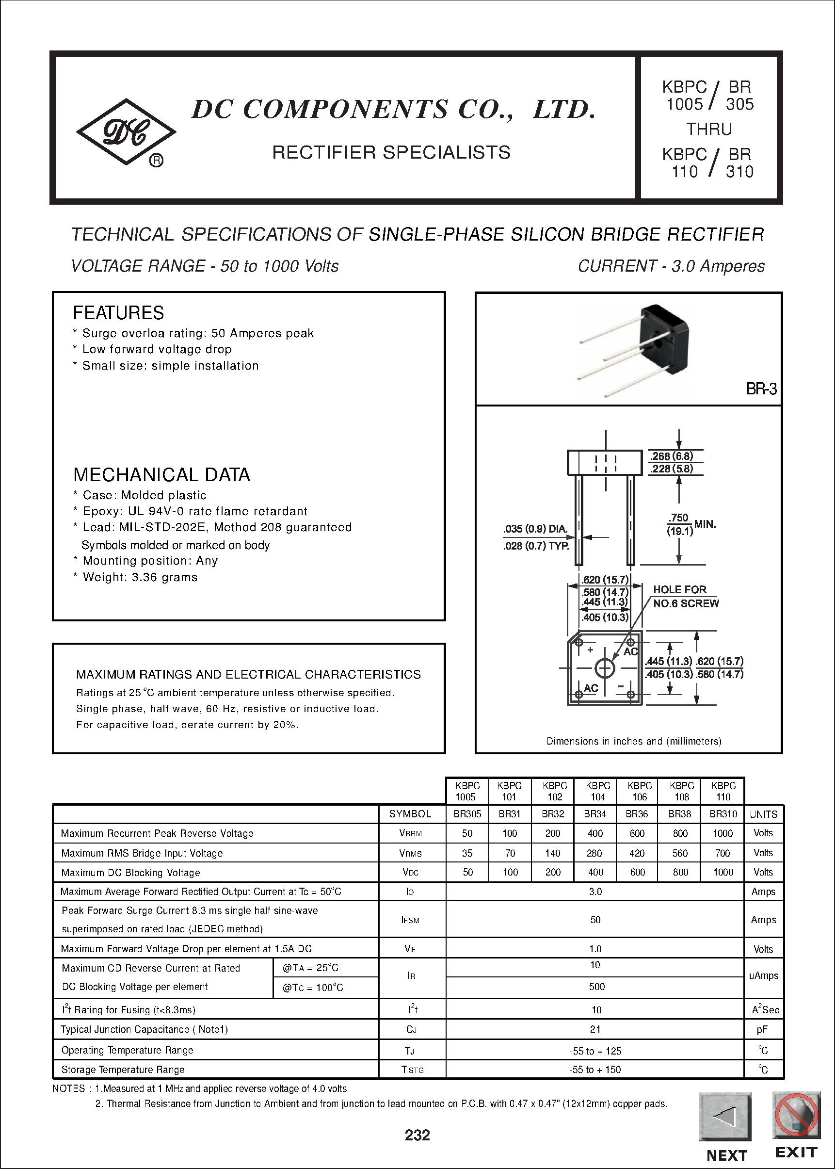 Datasheet BR310 page 1 Datasheet BR310 - TECHNICAL SPECIFICATIONS OF SINGLE-PHASE SILICON BRIDGE RECTIFIER page 1