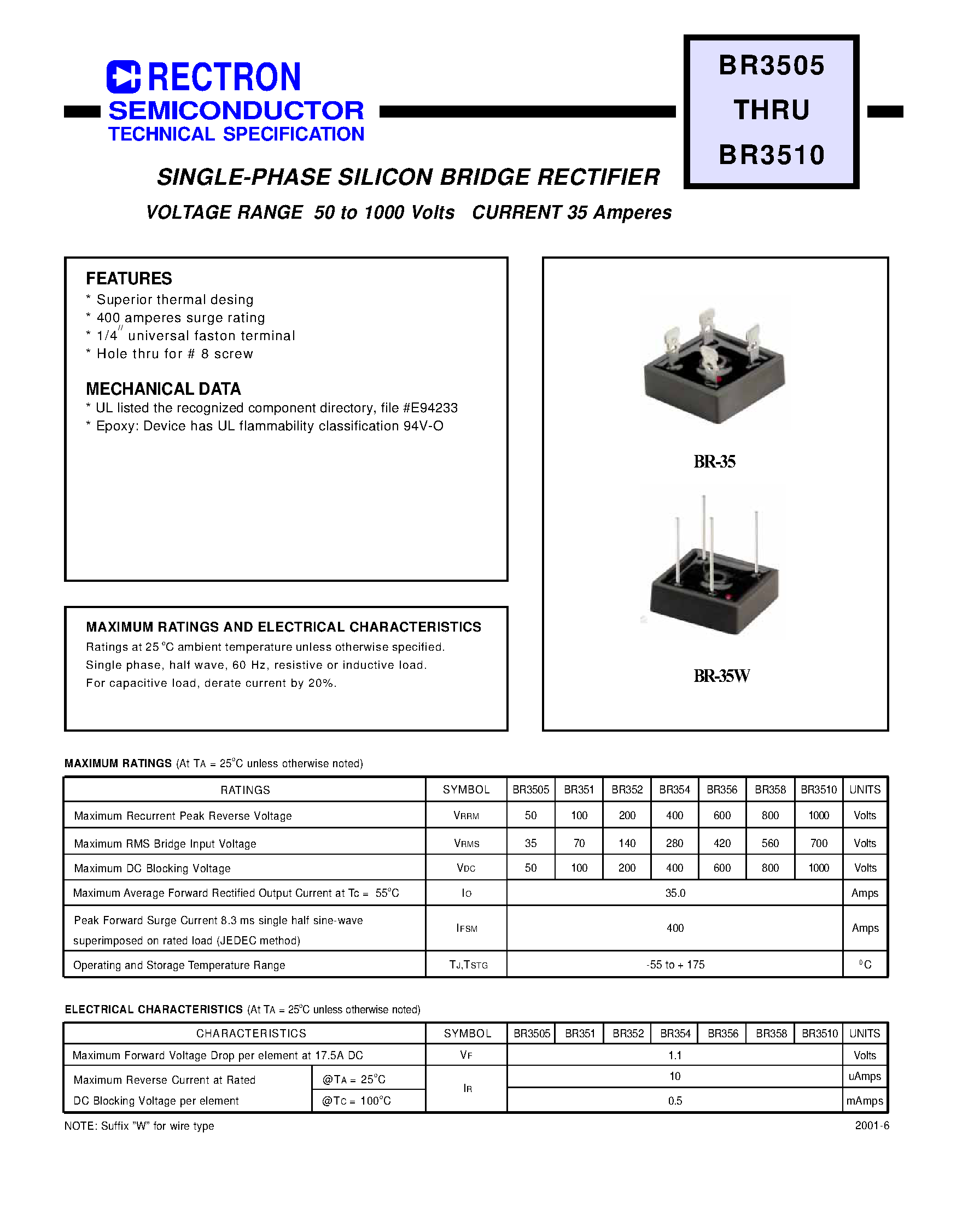 Datasheet BR3505 page 1 Datasheet BR3505 - SINGLE-PHASE SILICON BRIDGE RECTIFIER page 1