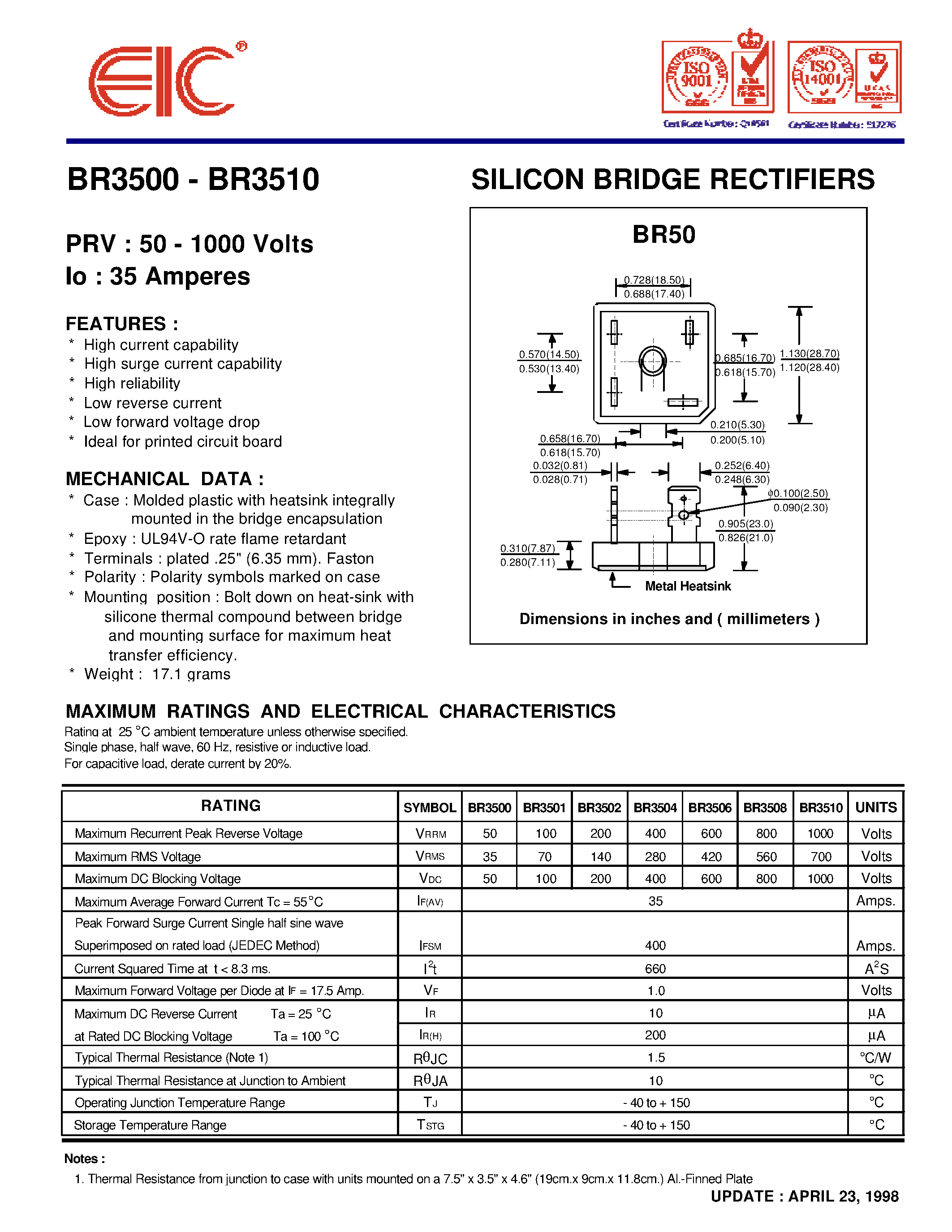 Datasheet BR3506 page 1 Datasheet BR3506 - SILICON BRIDGE RECTIFIERS page 1