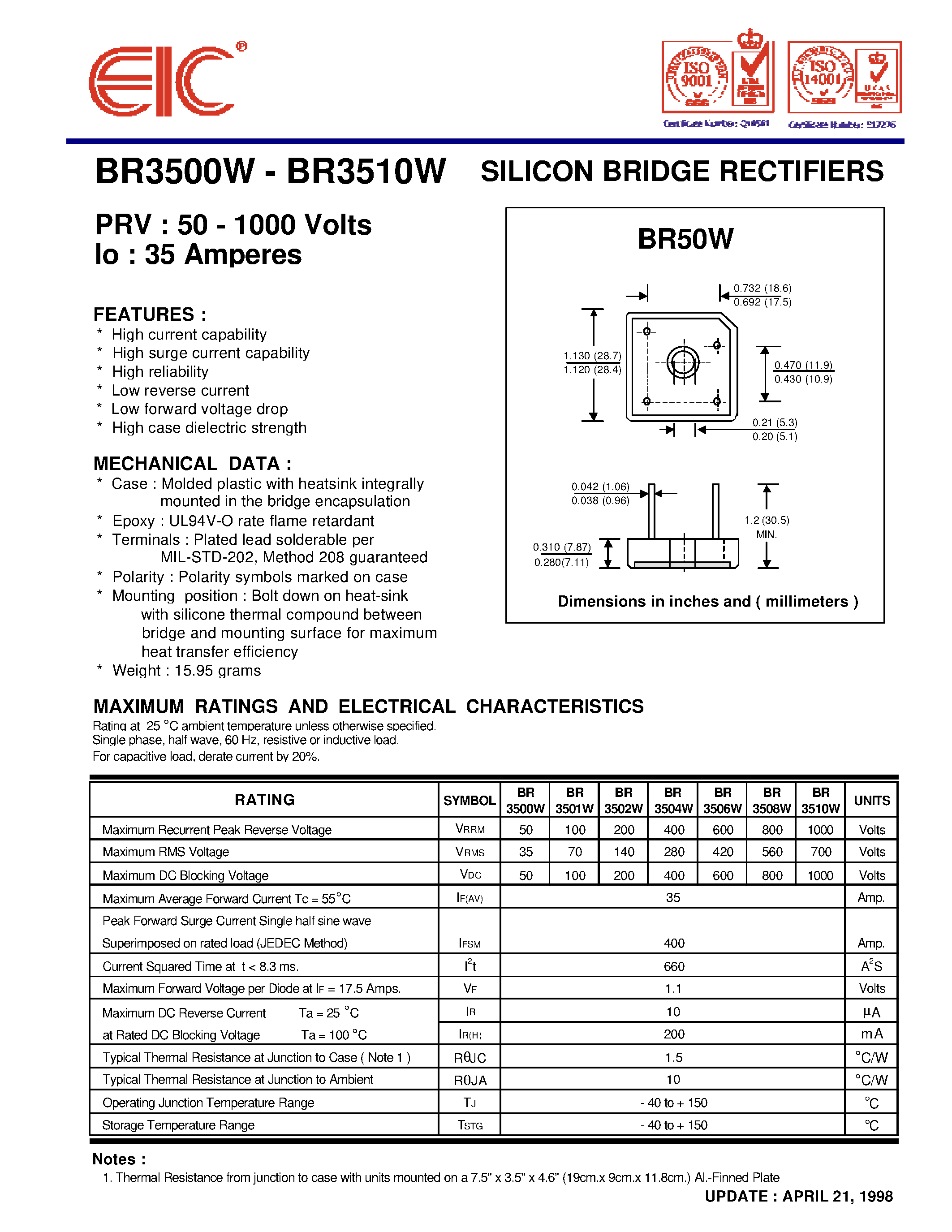 Datasheet BR3508W page 1 Datasheet BR3508W - SILICON BRIDGE RECTIFIERS page 1