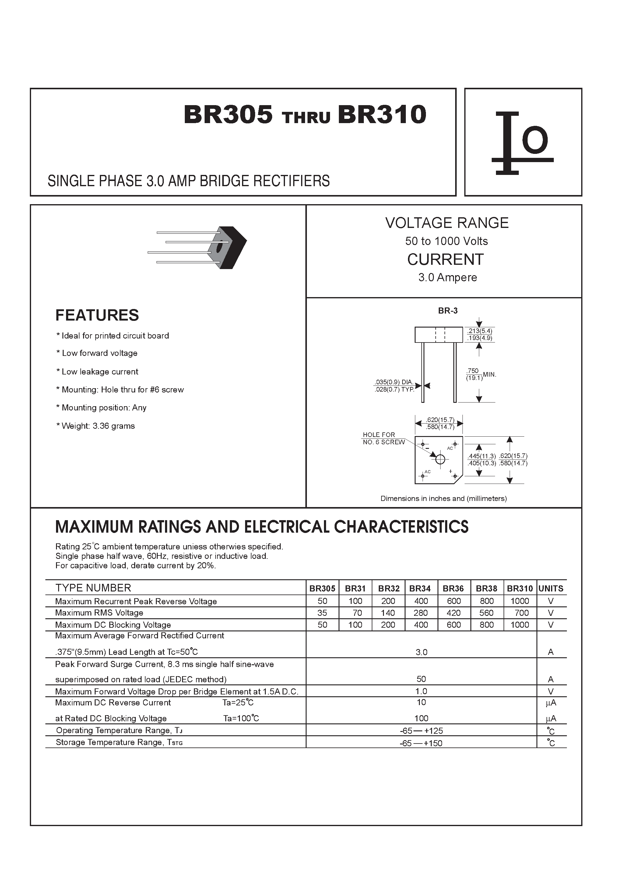 Datasheet BR38 - SINGLE PHASE 3.0 AMP BRIDGE RECTIFIERS page 1